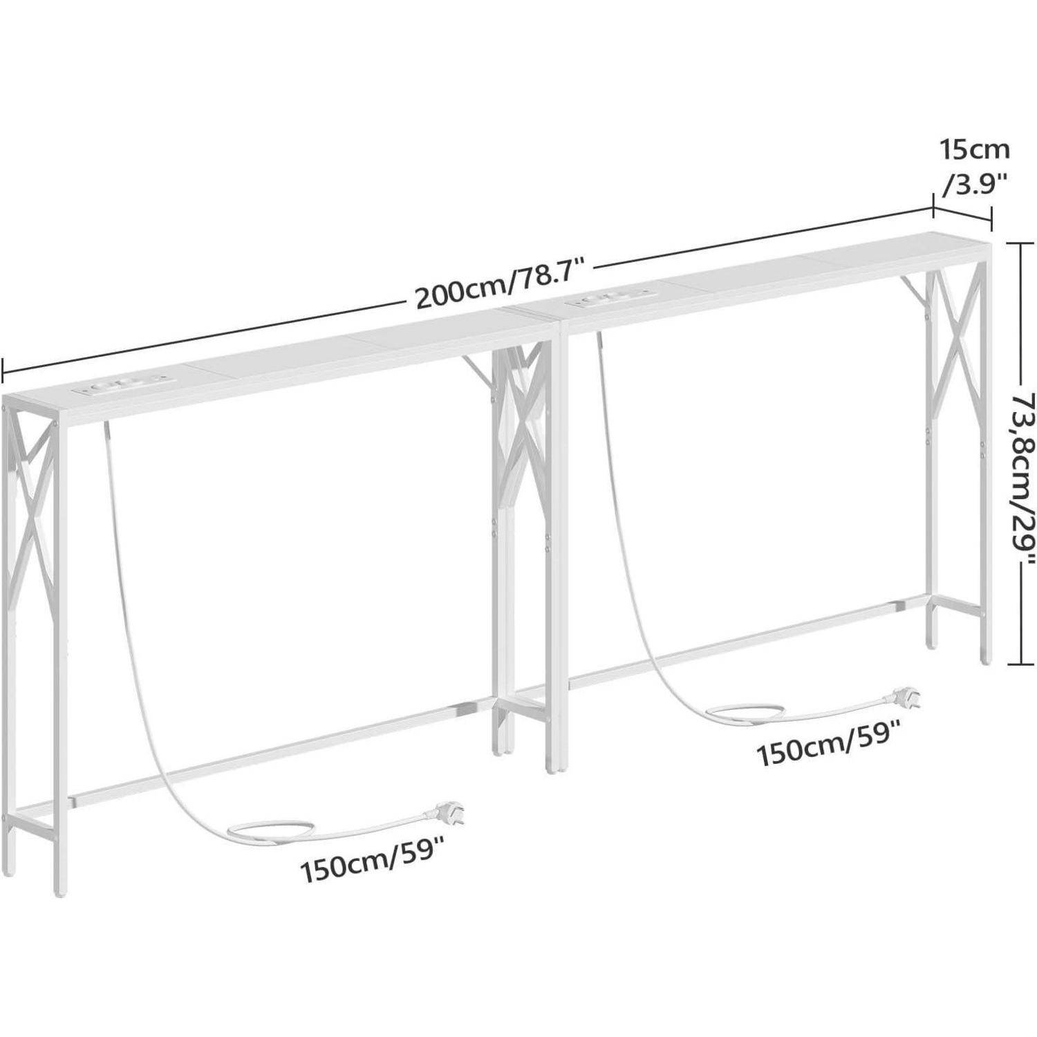Eine Darstellung eines langen Schreibtischs mit Maßen: 200 cm Länge, 15 cm Breite, 73,8 cm Höhe und 150 cm Abstand zwischen den Beinen.