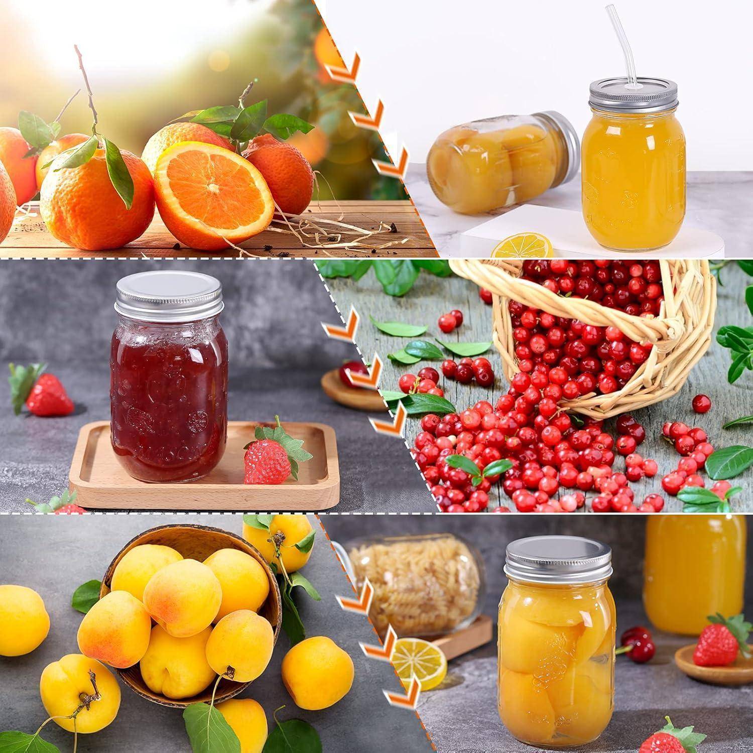Vier Abschnitte zeigen die Transformation von frischem Obst (Orangen, Aprikosen, Erdbeeren, Preiselbeeren) zu Gläsern mit Saft, Marmelade und Konserven.