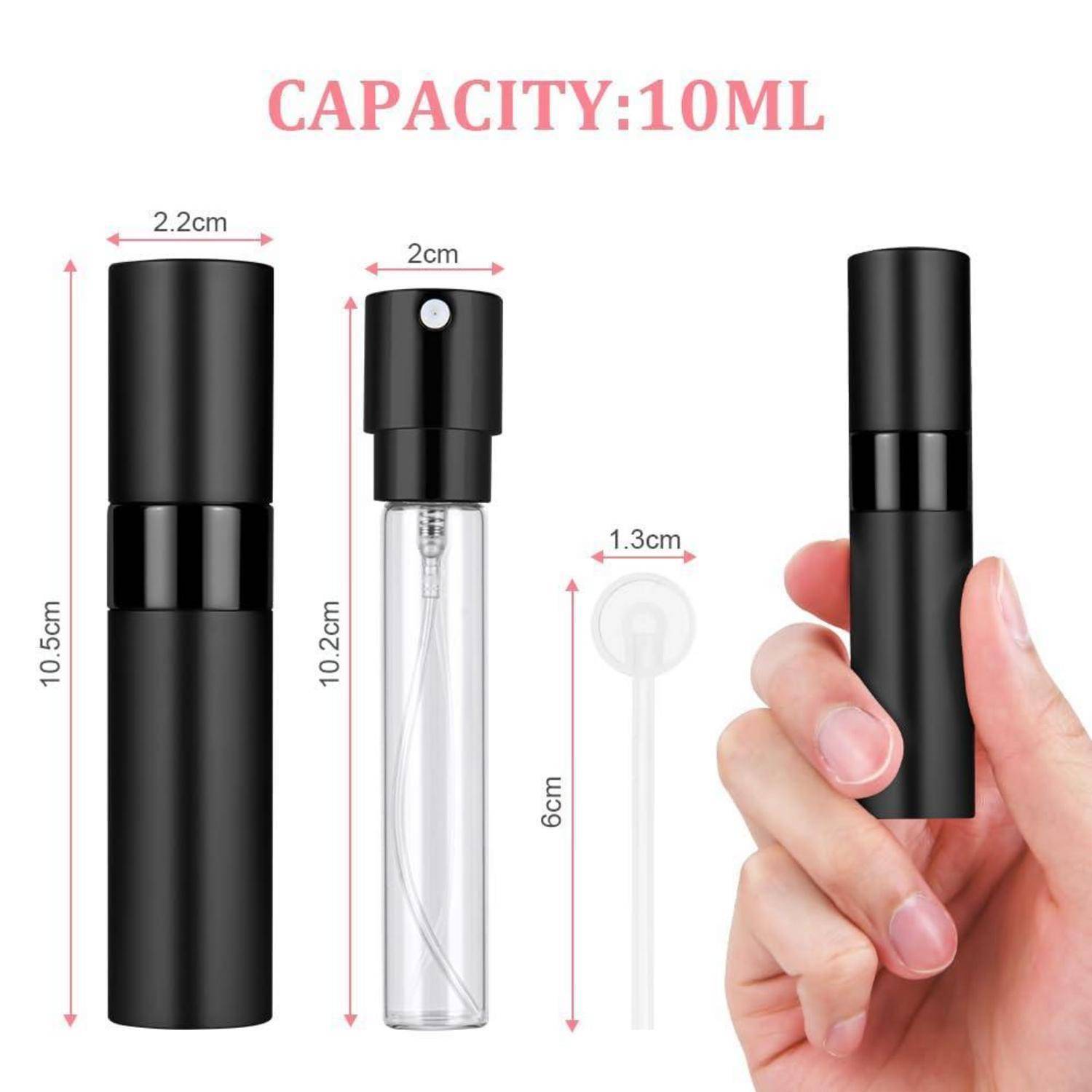 Schwarzer 10ml Parfüm-Zerstäuber, 10,5 cm hoch x 2,2 cm breit. Durchsichtige Innentube, 6 cm mit 1,3 cm Sprühöffnung. Hand, die Flasche hält. Füllmenge: 10 ml.