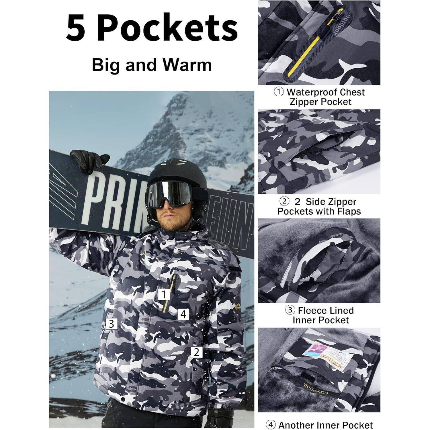 Eine Person in einer tarngemusterten Schneejacke mit einem Snowboard. Die Jacke verfügt über 