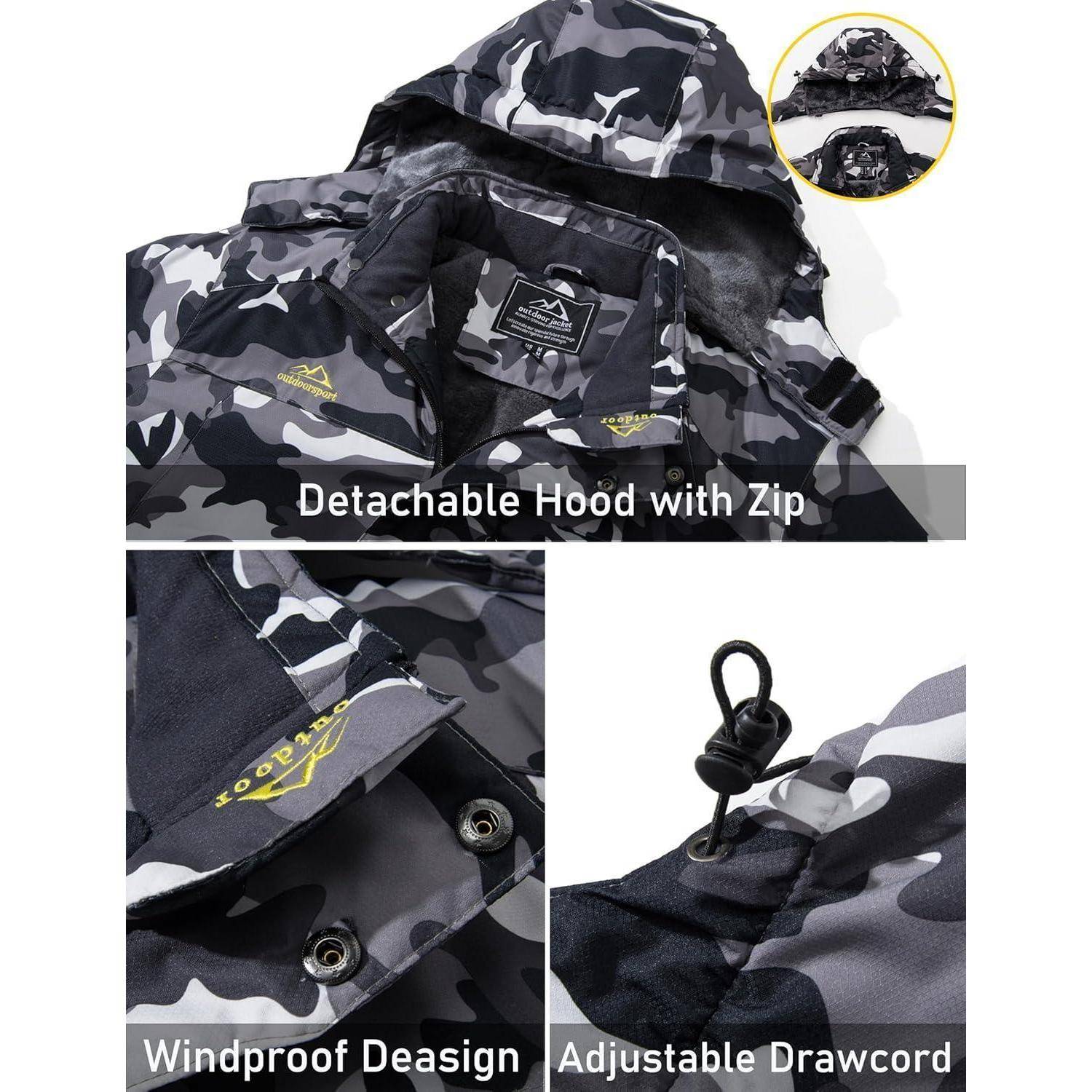 Camouflage-Jacke mit abnehmbarer Kapuze mit Reißverschluss, winddichtem Design und verstellbarem Kordelzug für Vielseitigkeit und Schutz.