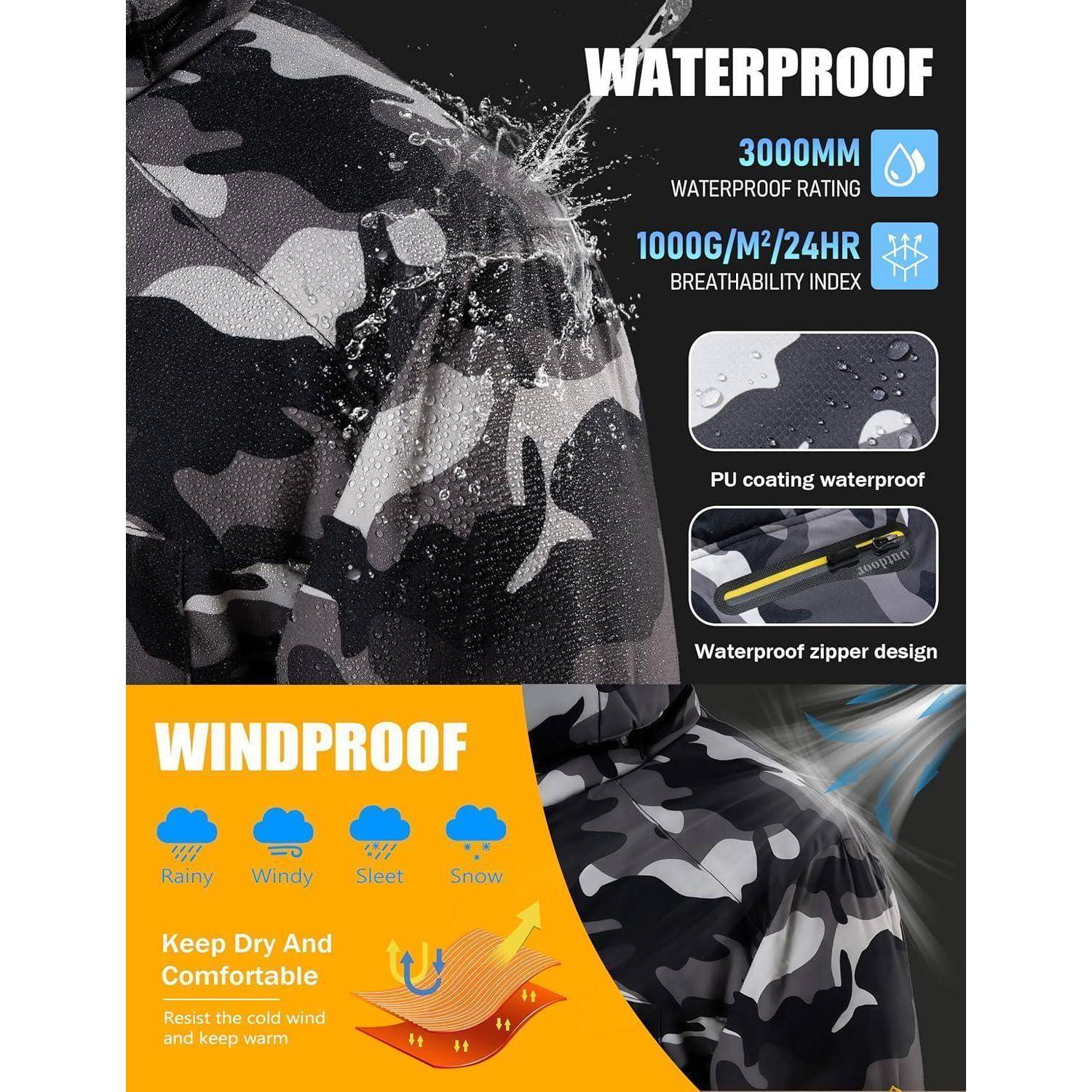 Wasserdicht 3000mm, Atmungsaktivitätsindex 1000g/m²/24Std. Merkmale: PU-Beschichtung, wasserdichter Reißverschluss. Winddicht für Regen, Wind, Schneeregen, Schnee.
