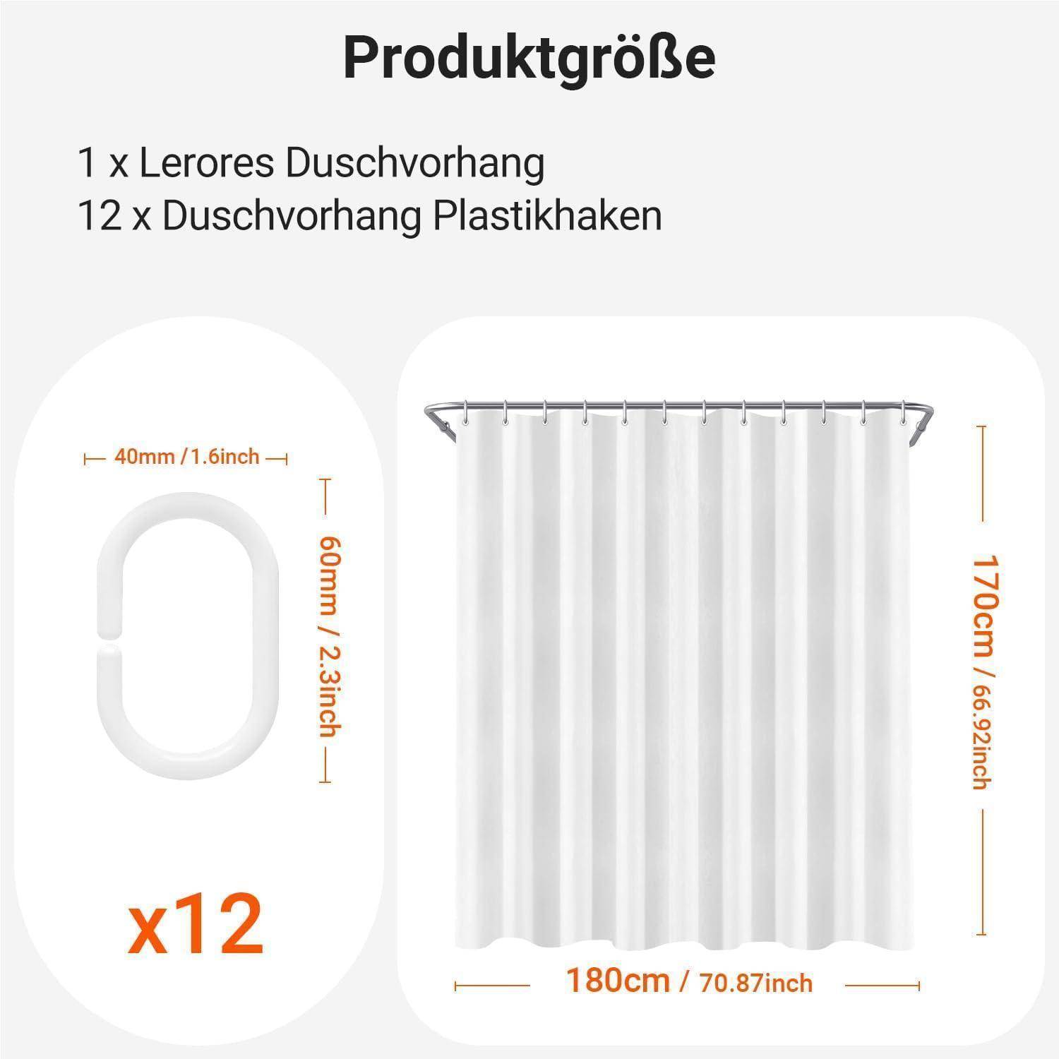Produktgröße zeigt die Abmessungen des weißen Duschvorhangs: 180 cm x 170 cm mit 12 Kunststoffhaken, von denen jeder 40 mm x 60 mm misst.