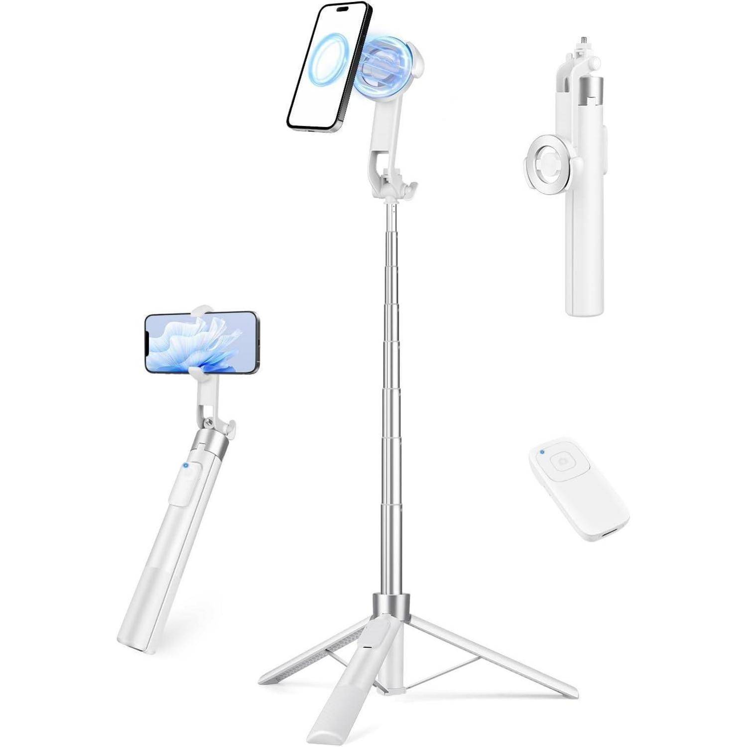 Hoher ausziehbarer Selfie-Stick mit Stativfuß, Handyhalterung und abnehmbarer Fernbedienung. Zeigt Handy in der Halterung für die Fotografie-Einrichtung.