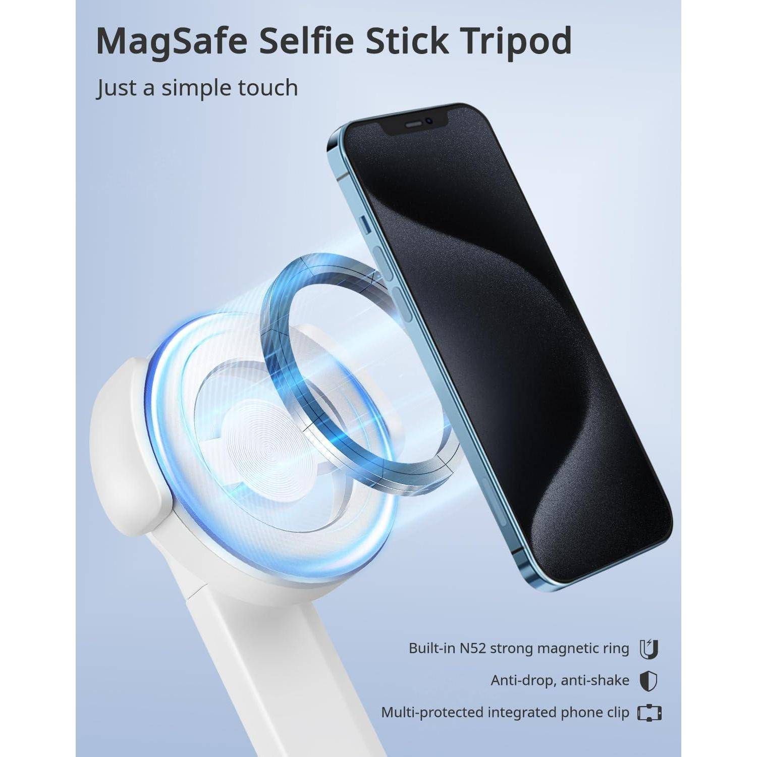 iPhone, der an einem MagSafe-Stativ mit magnetischem Ring befestigt ist. Text lautet: 'MagSafe Selfie-Stick Stativ' mit Funktionen wie Fallschutz und Bewegungsdämpfung.