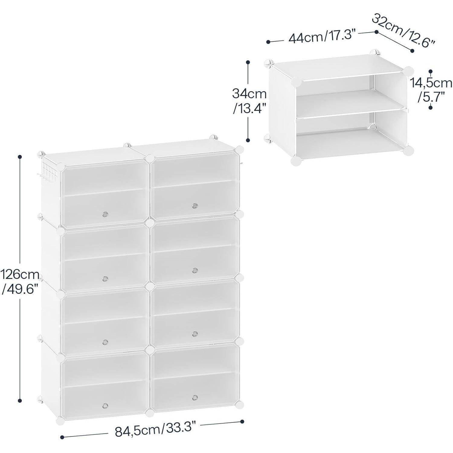 Weißes modulares Aufbewahrungsregal mit 10 Würfeln: Gesamtgröße 126 cm Höhe, 84,5 cm Breite. Größe eines einzelnen Würfels: 34 cm Höhe, 44 cm Breite, 32 cm Tiefe.