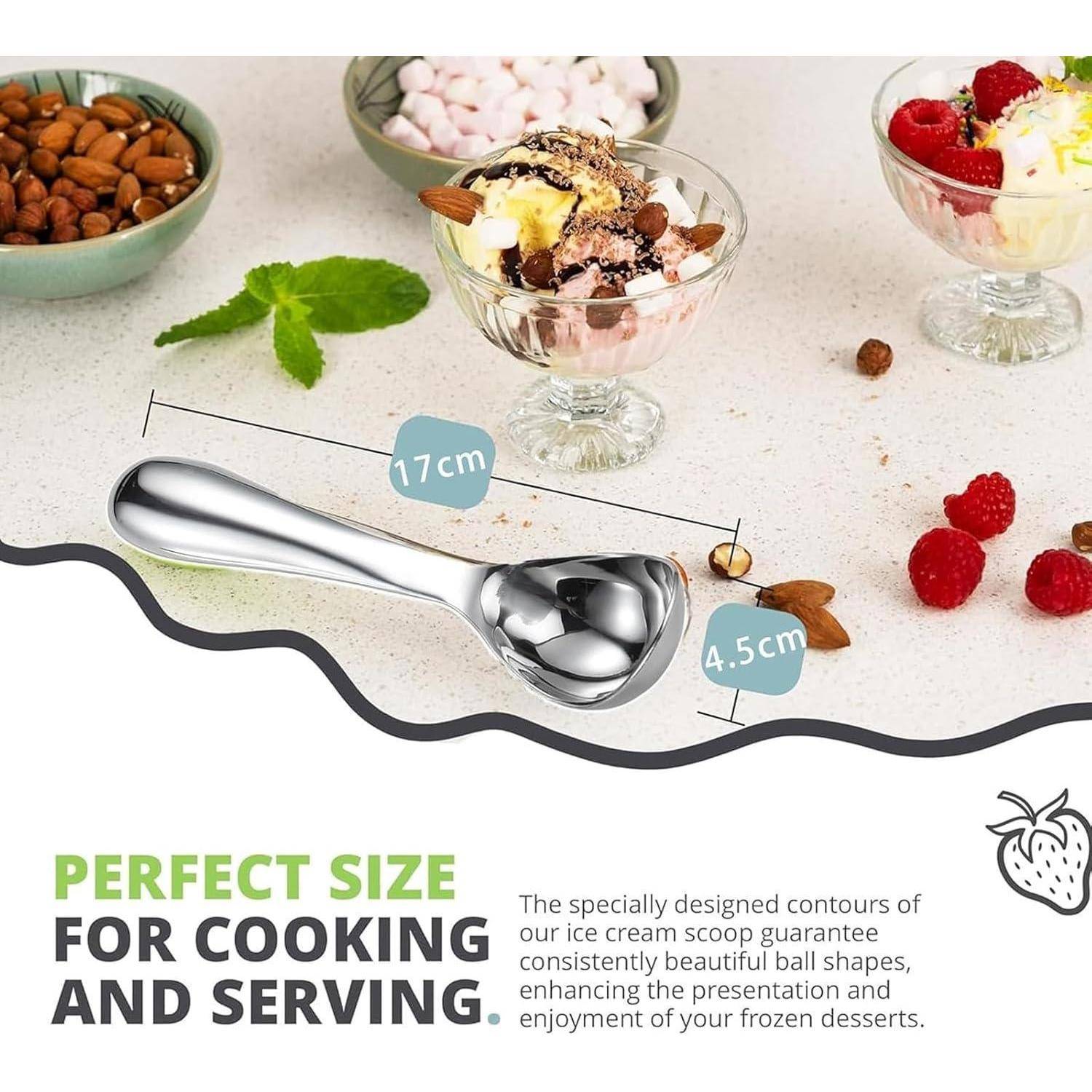 Eisdipper mit ergonomischem Design, 17 cm lang und 4,5 cm breit. Als ideal zum Kochen und Servieren beschrieben.