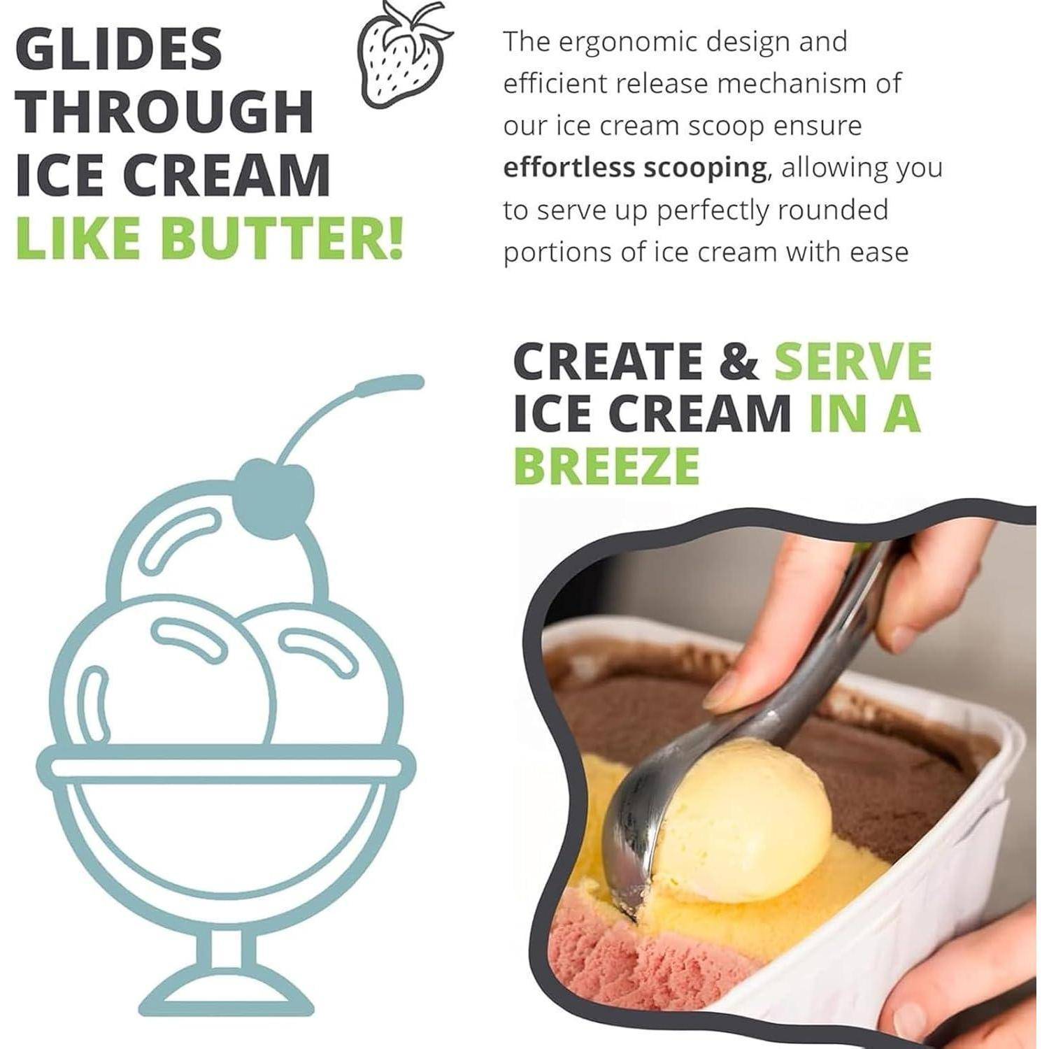 Gleitet wie Butter durch Eiscreme!' Das Bild zeigt einen ergonomischen Eislöffel, der mühelos abgerundete Portionen aus einer Drei-Sorten-Tub formt.