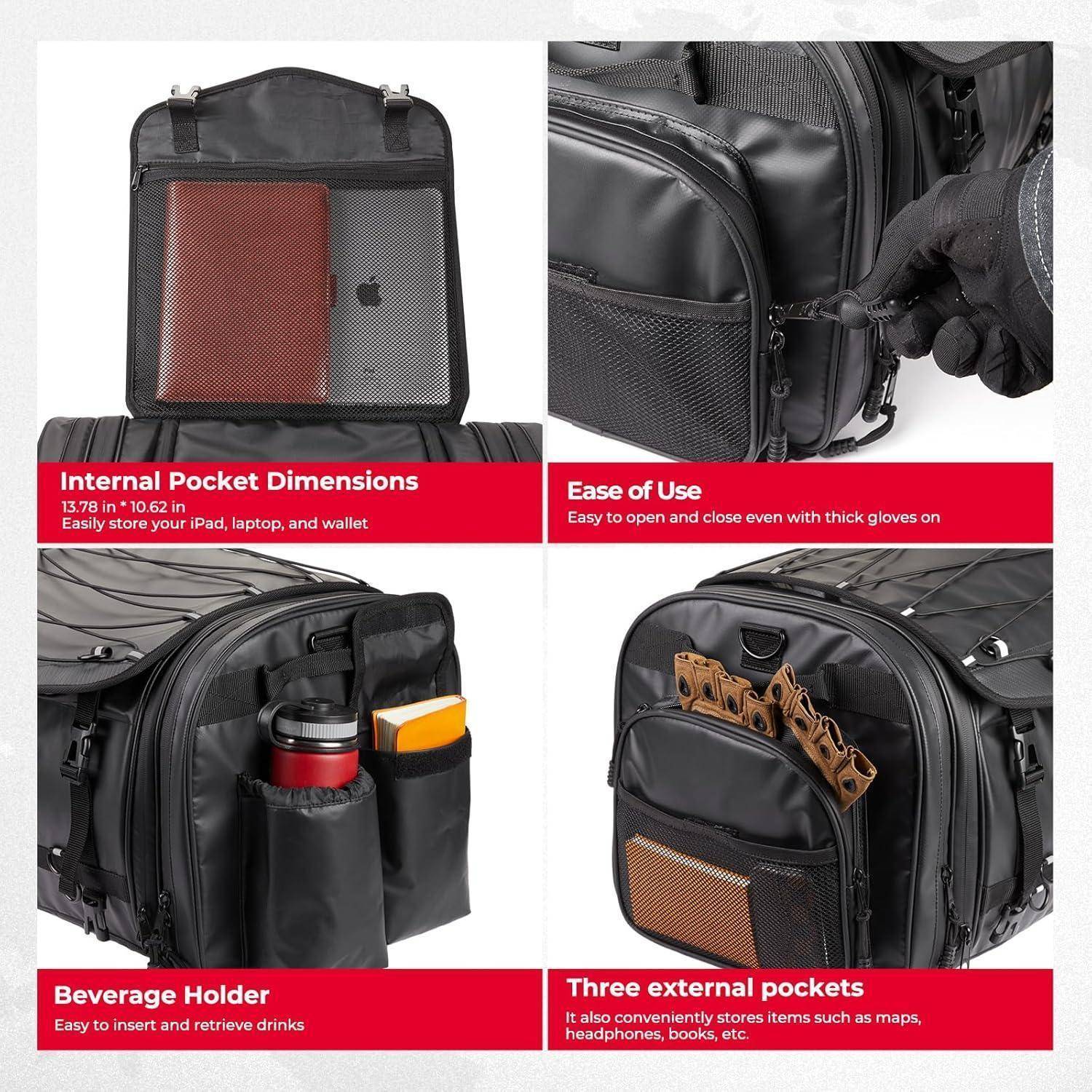 „Vier Bilder, die eine schwarze Reisetasche präsentieren: Innentasche passt iPad, leicht zu öffnende Reißverschlüsse, Getränkehalter und drei externe Taschen.