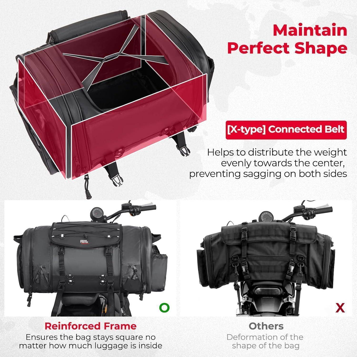 Das Bild 'Maintain Perfect Shape' zeigt eine schwarze Motorradtasche mit einem roten X-förmigen Verbindungsgurt, der eine gleichmäßige Gewichtsverteilung sicherstellt und Durchhängen verhindert. Ein verstärkter Rahmen hält die Tasche quadratisch, anders als bei anderen Modellen.