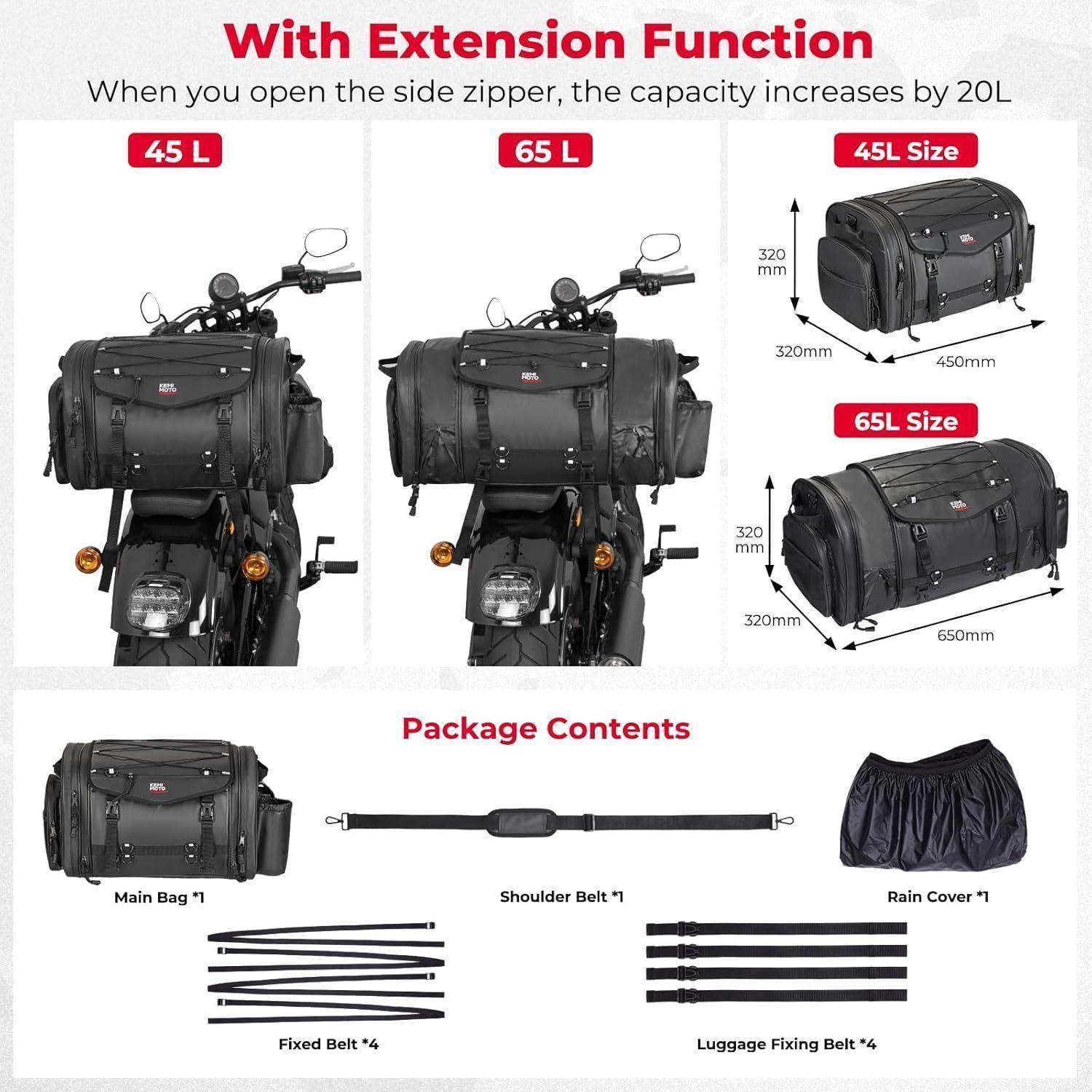 Motorradtaschen mit Erweiterungsfunktion: 45L, 65L-Optionen dargestellt; Paket enthält Haupttasche, Befestigungsriemen, Schultergurt, Regenschutz.