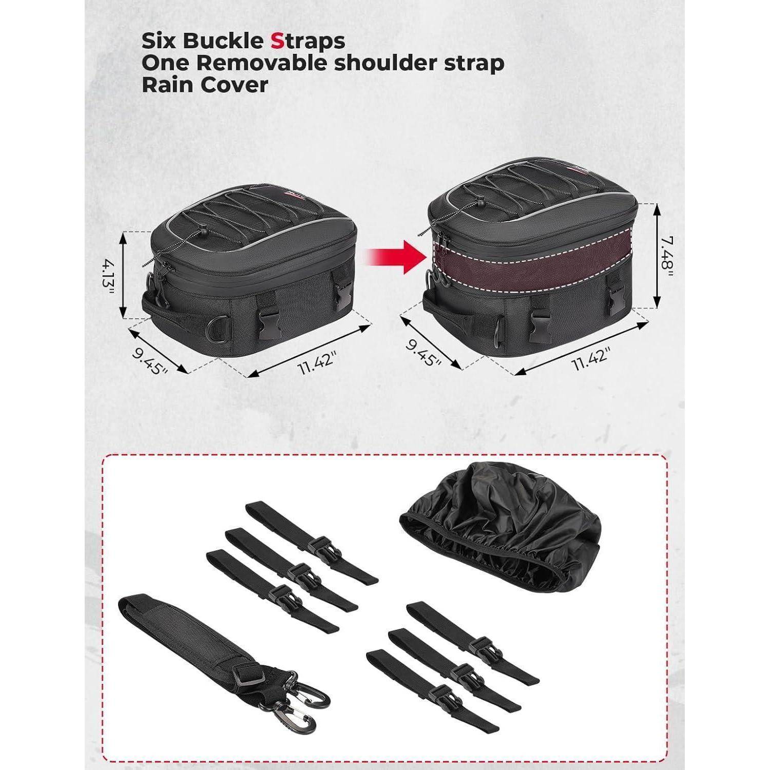 Zwei Motorradtaschen mit Maßangaben; eine verfügt über sechs Schnallengurte, die andere besitzt einen abnehmbaren Schultergurt und ist mit einer Regenabdeckung ausgestattet.