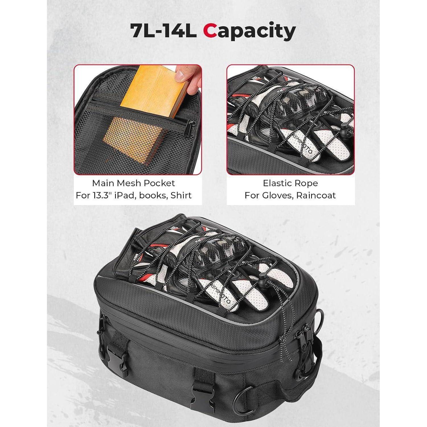 7L-14L Kapazität' Tasche mit Netztasche für ein iPad und elastischem Seil zum Befestigen von Handschuhen und einer Regenjacke.
