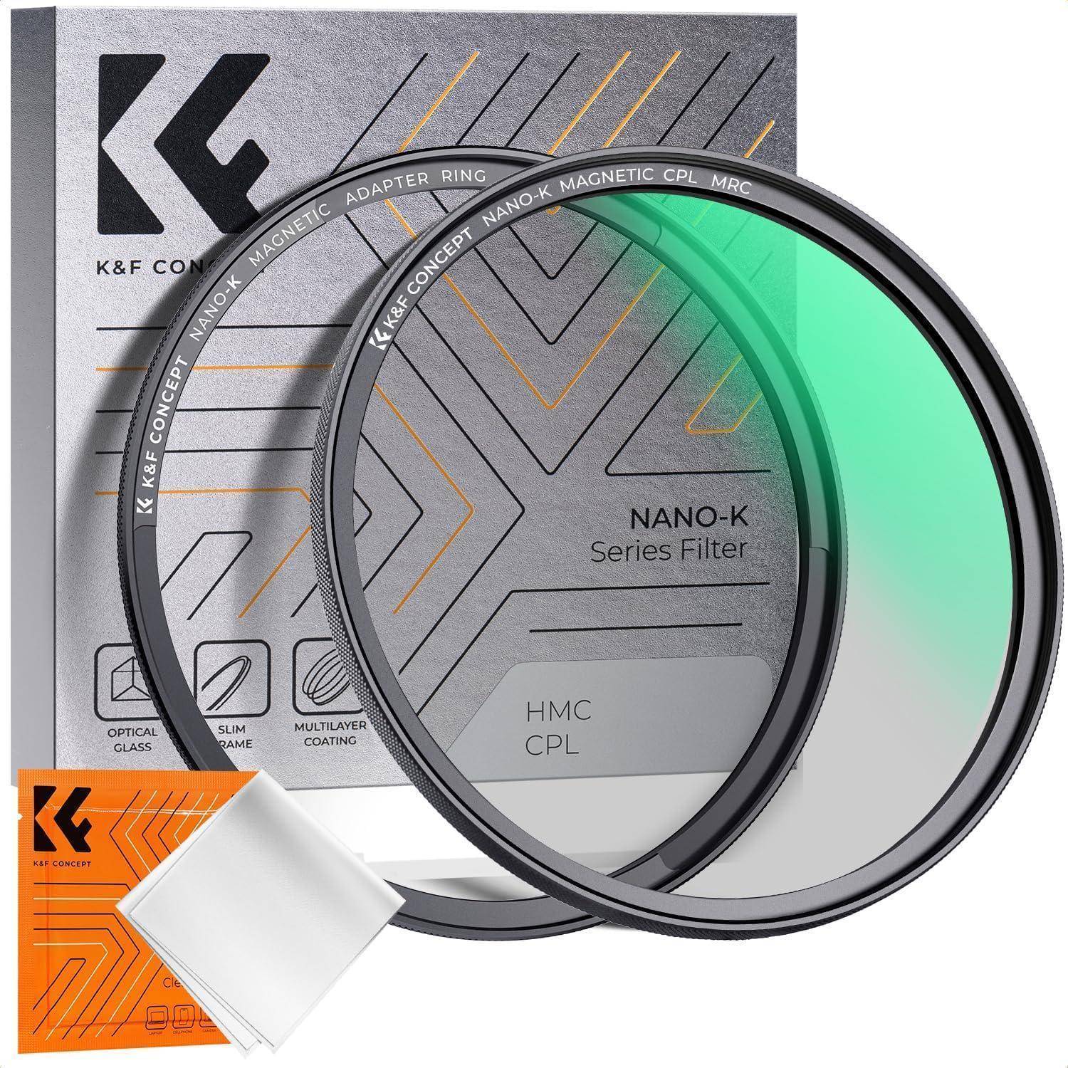 K&F Concept Nano-K Filterset, bestehend aus einem HMC CPL-Filter und Adapterring, inklusive Verpackung.