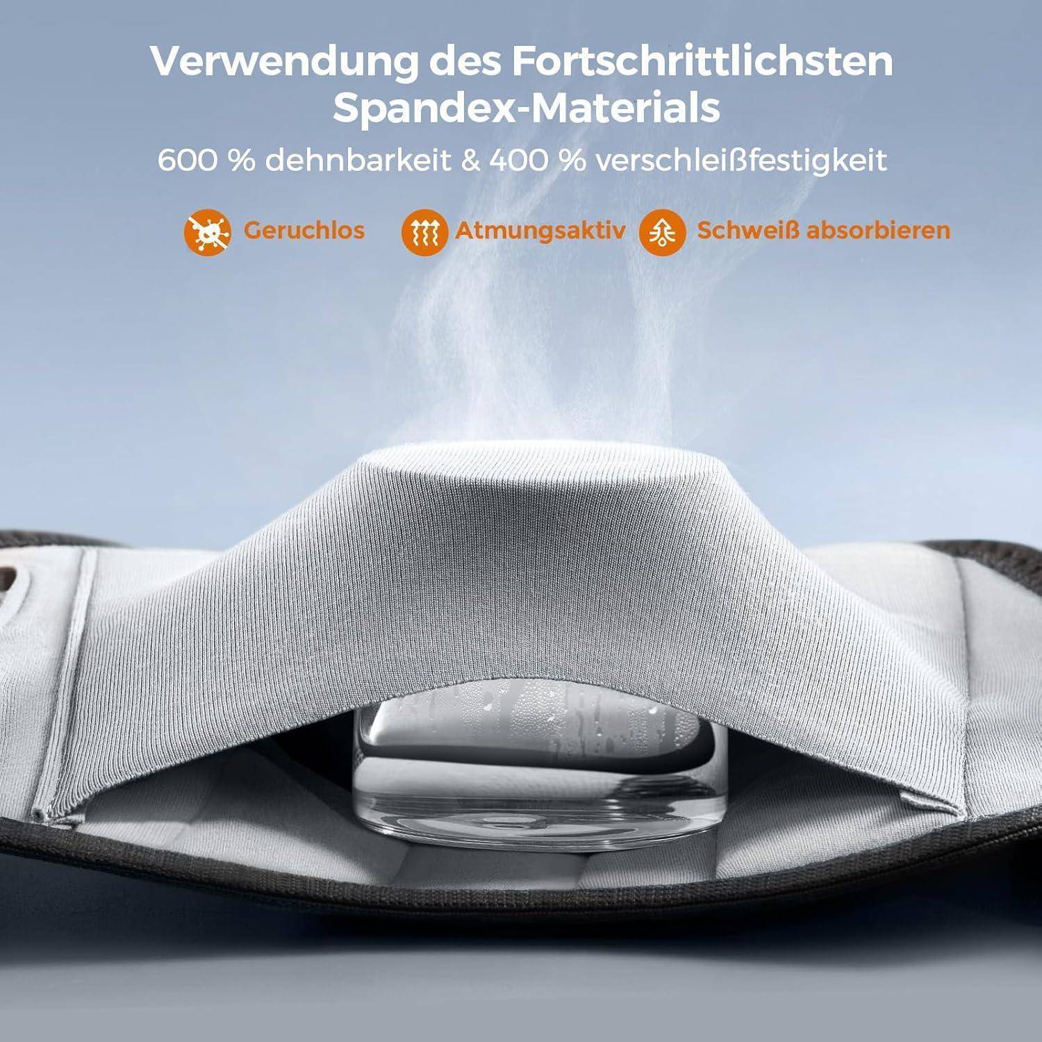 Ein Stoff mit aufsteigendem Dampf, der seine Atmungsaktivität veranschaulicht. Deutscher Text hebt die Dehnbarkeits- und Haltbarkeitsvorteile von Spandex hervor.
