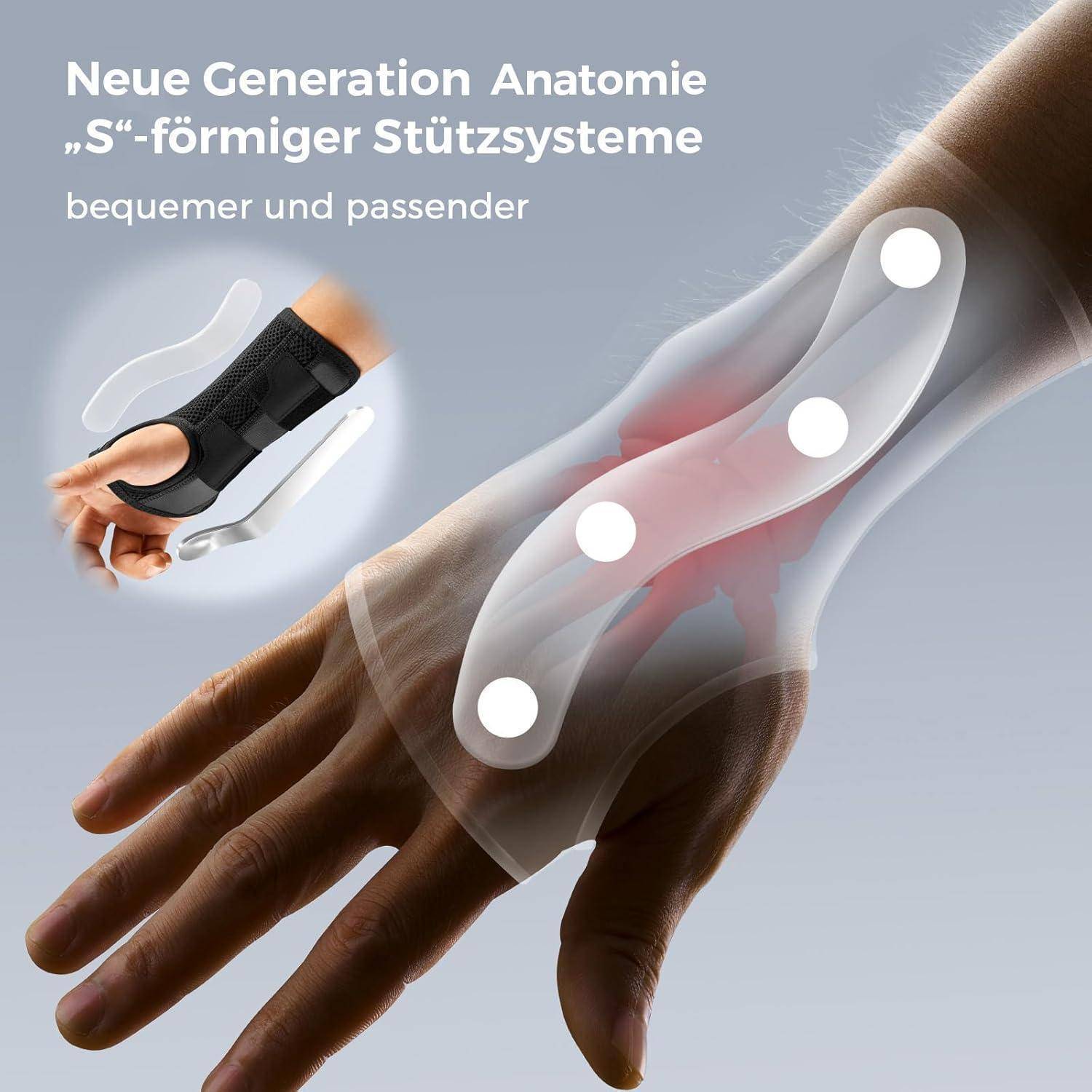 Eine Hand, die eine schwarze orthopädische Stütze mit weißen Punkten trägt, die ein 's-förmiges' Unterstützungssystem hervorhebt, versehen mit deutschem Text.