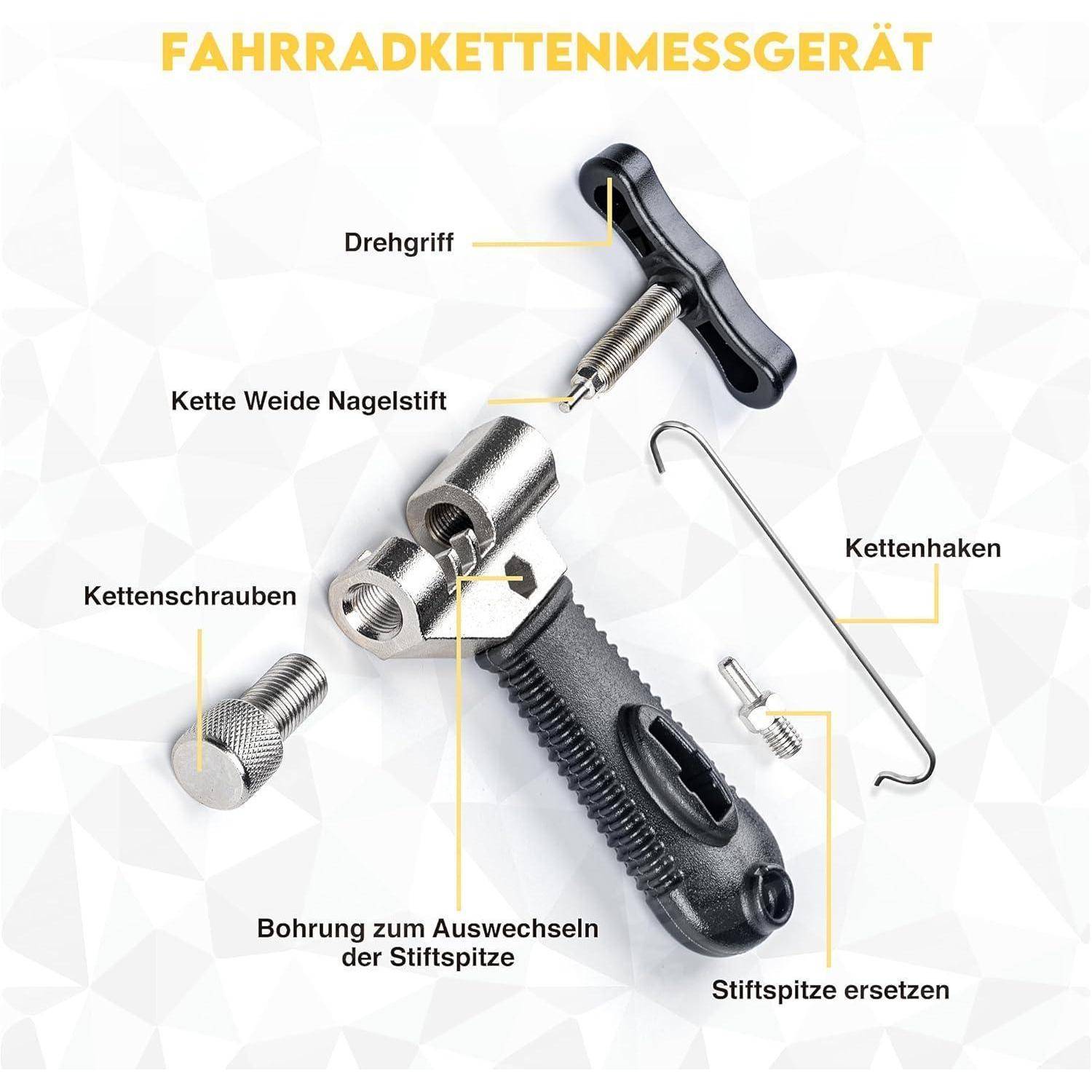 Fahrradkettenmessgerät' mit verschiedenen beschrifteten Komponenten, darunter ein rotierender Griff, Kettenkupplung und Schraubenteile für Fahrradkettenreparatur.