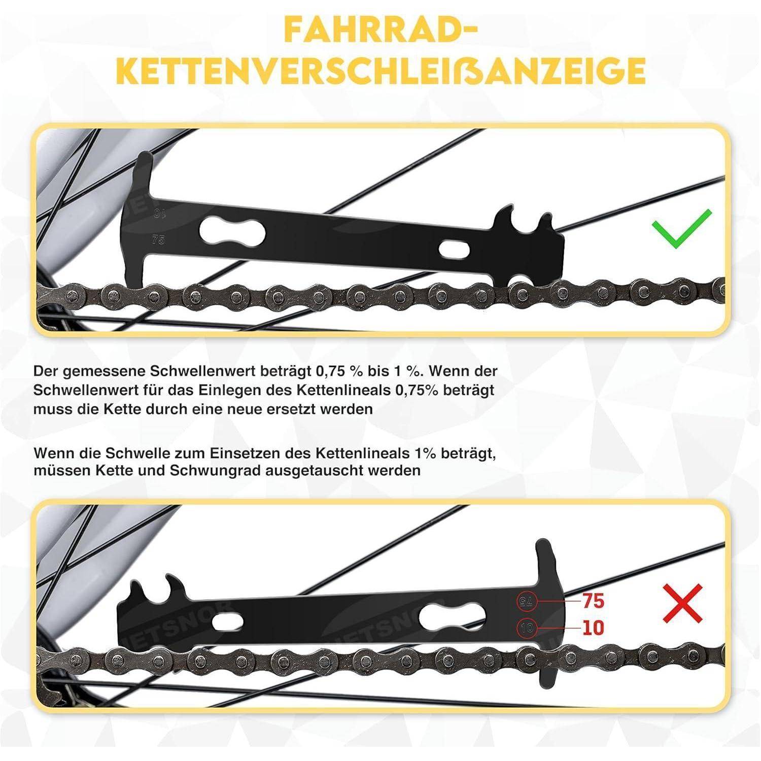 Die 'Fahrrad-Kettenverschleißanzeige' zeigt, wie ein Messwerkzeug Kettenverschleiß zwischen 0,75% und 1% anzeigt. Diagramm unten.