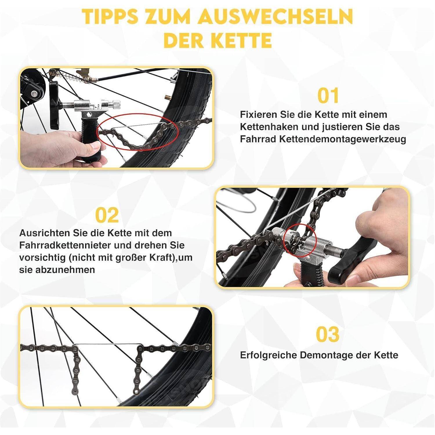 TIPPS ZUM AUSWECHSELN DER KETTE': Schritt 1 zeigt das Einstellen der Fahrradkette mit einem Kettennietwerkzeug. Schritt 2 veranschaulicht das Ausrichten und Entfernen der Kette. Schritt 3 stellt die erfolgreich entfernte Kette dar.