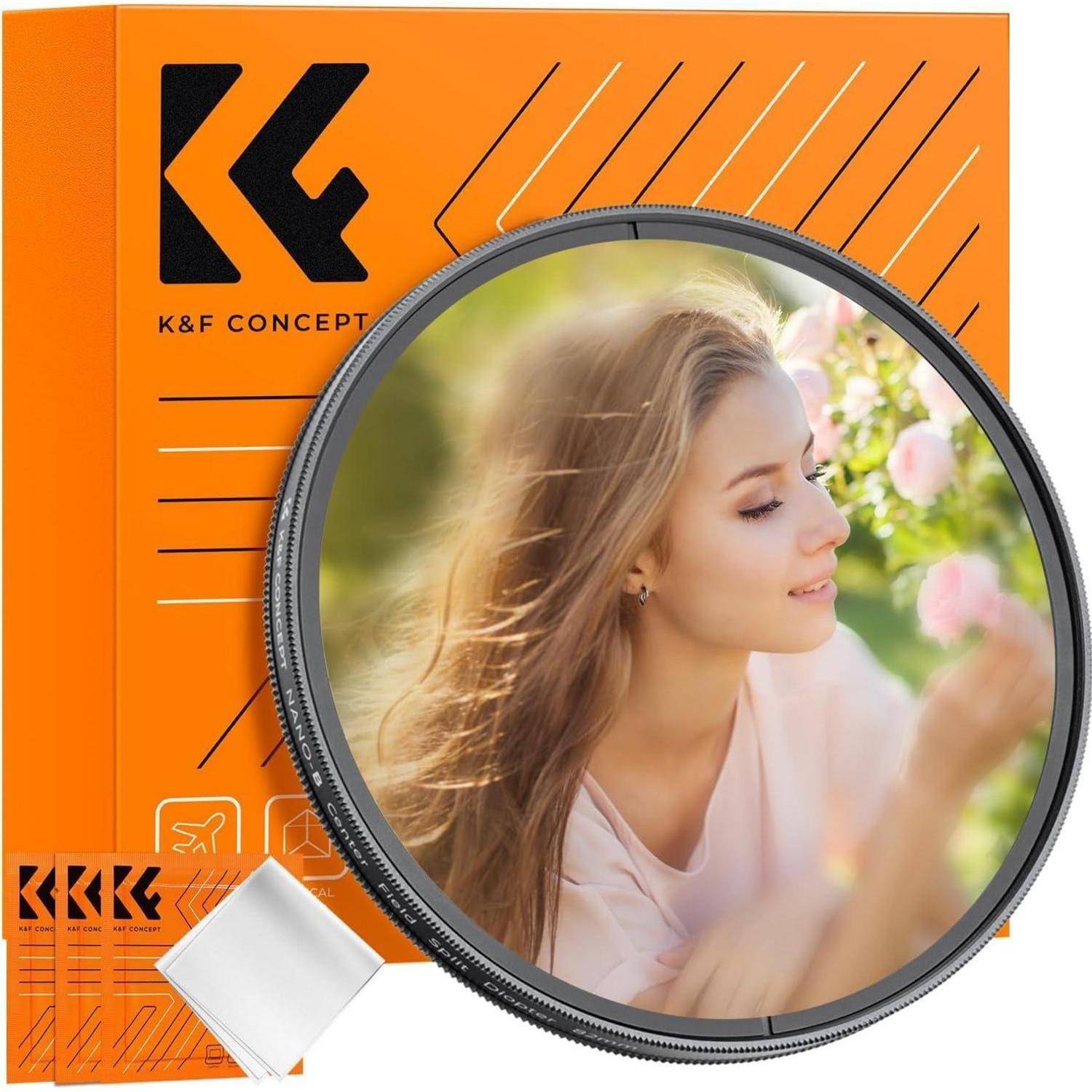 Ein Foto einer lächelnden Frau in einem Garten mit Blumen, mit einem weichen, traumhaften Effekt, der durch einen speziellen Kameraobjektivfilter erzeugt wurde. Der Filter wird neben dem Foto in seiner Verpackung präsentiert.