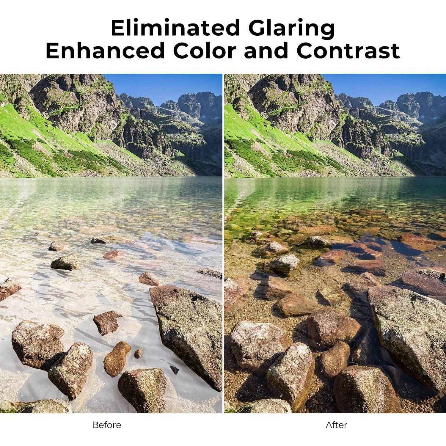 Das Vorher-Bild zeigt einen felsigen Seeufer mit Blendung und verblassten Farben; das Nachher-Bild zeigt dieselbe Ansicht mit reduzierter Blendung und lebendigen Farben.