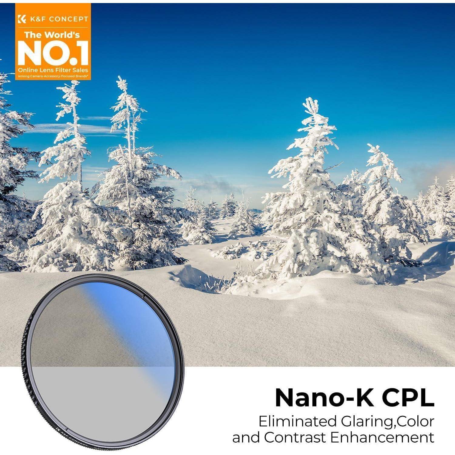 Schneebedeckte Bäume unter einem blauen Himmel demonstrieren die Wirkung des 'Nano-K CPL' Filters: Beseitigung von Blendung, Verbesserung von Farben und Kontrast.