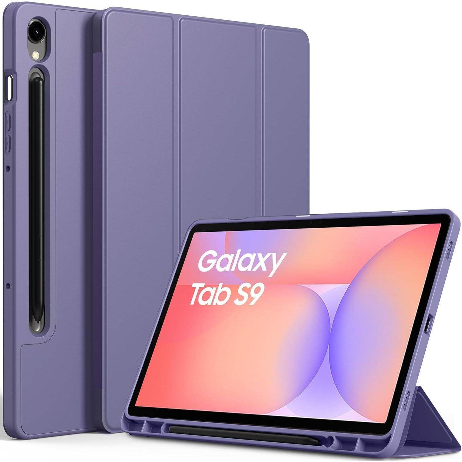 Eine violette Tablette und ein Etui, auf dessen Bildschirm 