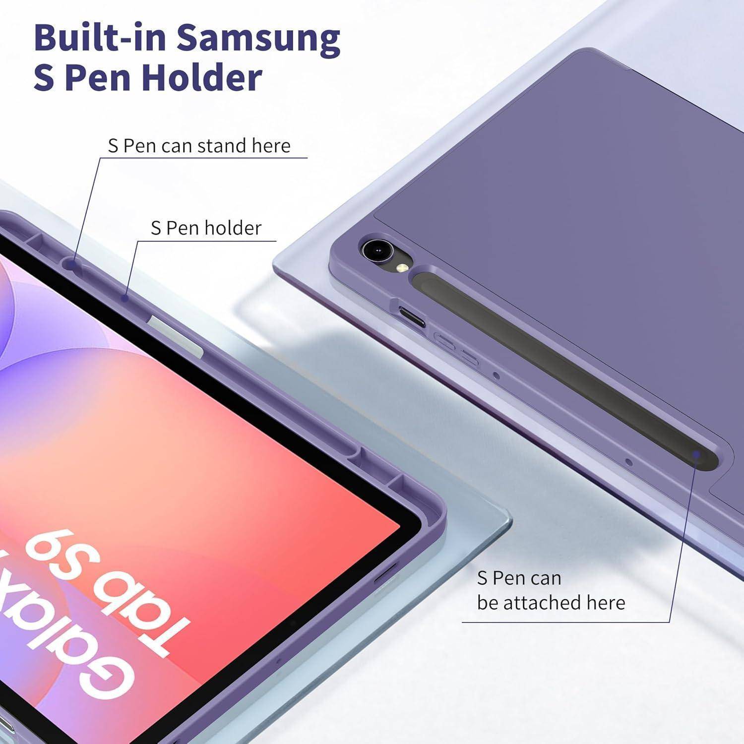 Integrierter Samsung S Pen-Halter zeigt ein lila Galaxy Tab S9 mit beschrifteten Schlitzen zum Halten und Befestigen des S Pen.