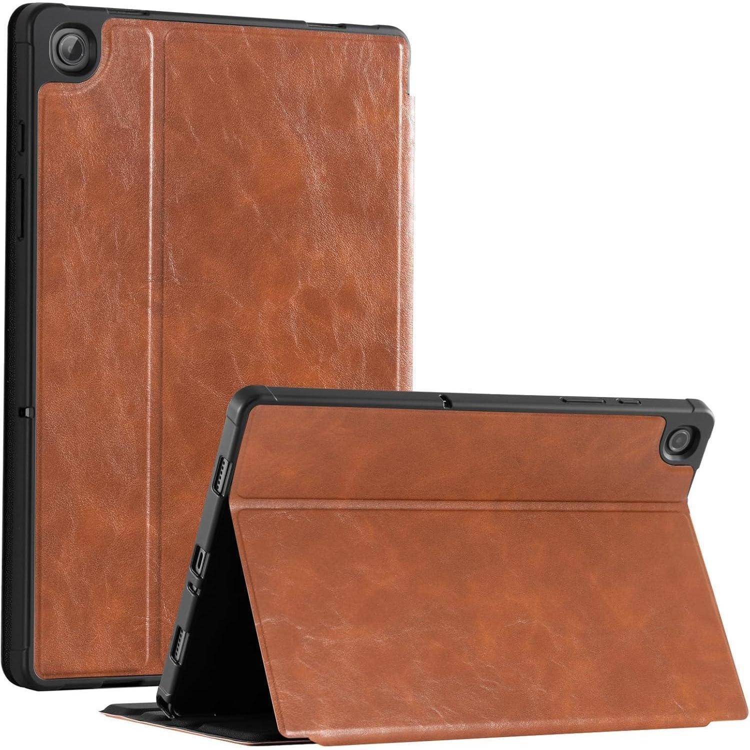 Ledertasche in Hautfarbe für Tablets mit einer faltbaren Abdeckung, Vorder- und Rückansicht. Bietet ein elegantes, schützendes Design.