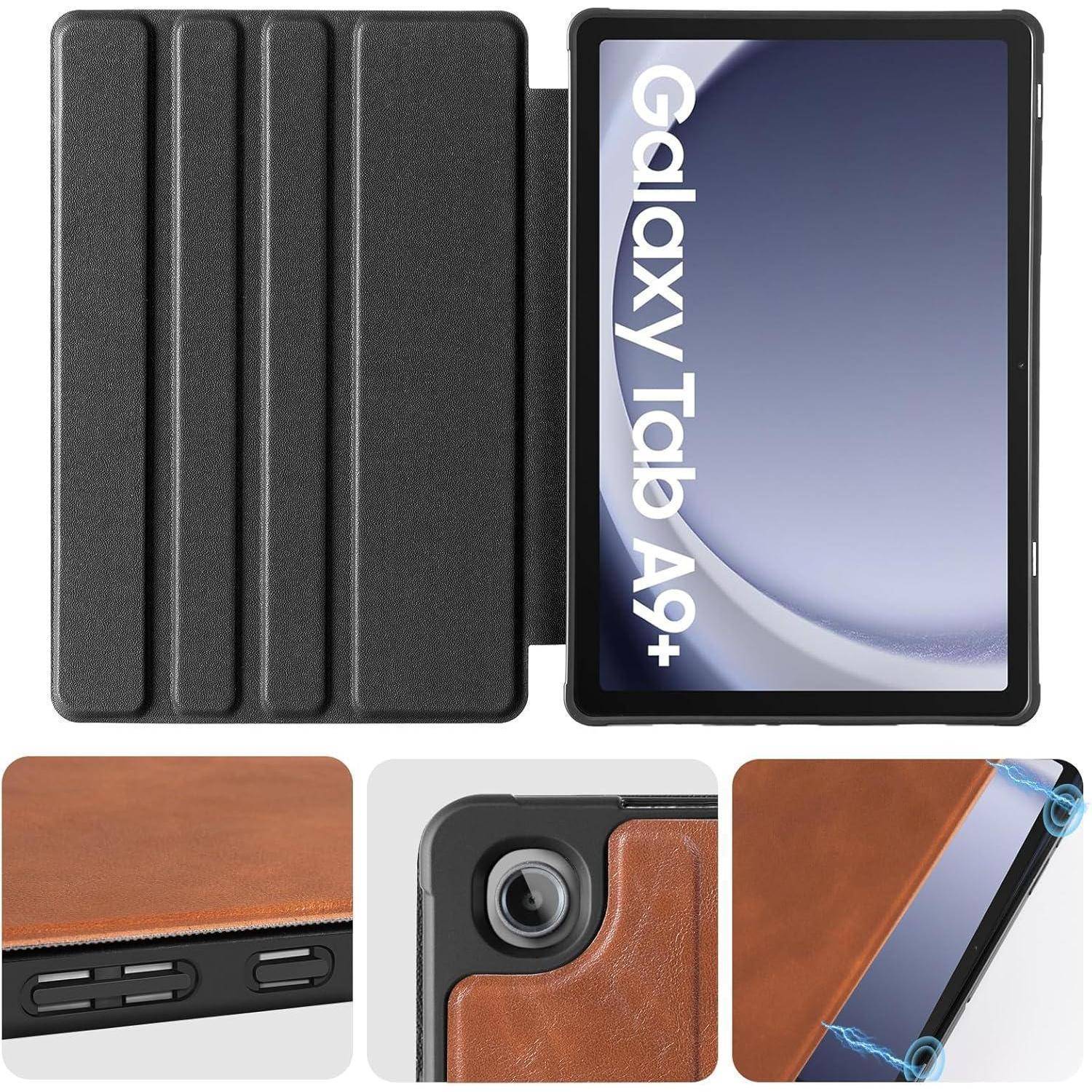 Schwarze Tablet-Hülle geöffnet, um ein Tablet mit dem Bildschirm des 'Galaxy Tab A9+' zu enthüllen. Detaillierte Ansichten zeigen die braune Kameraabdeckung und die Anschlüsse an der Seite.