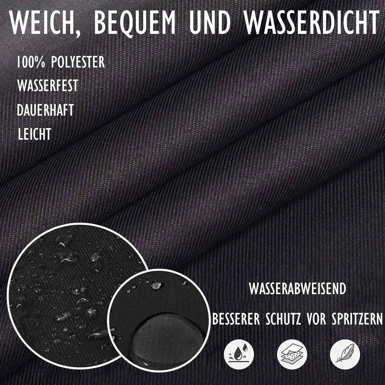 Weich, Komfortabel und Wasserdicht' schwarzer Polyester-Stoff mit Wassertropfen. Hervorgehobene Merkmale umfassen 100% Polyester, wasserabweisend, strapazierfähig, leicht.