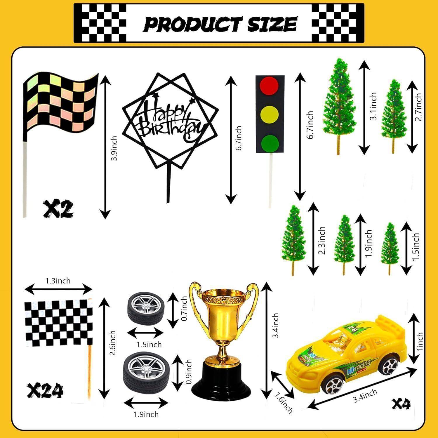 Produktgröße' Anleitung: Rennflagge x2, 'Alles Gute zum Geburtstag' Schild x1, Verkehrsampel 6,7 Zoll x1, Pokal 4,3 Zoll, Auto 3,4 Zoll x4, Bäume variieren von 3,1 Zoll bis 1,5 Zoll, kleine Flaggen x24.