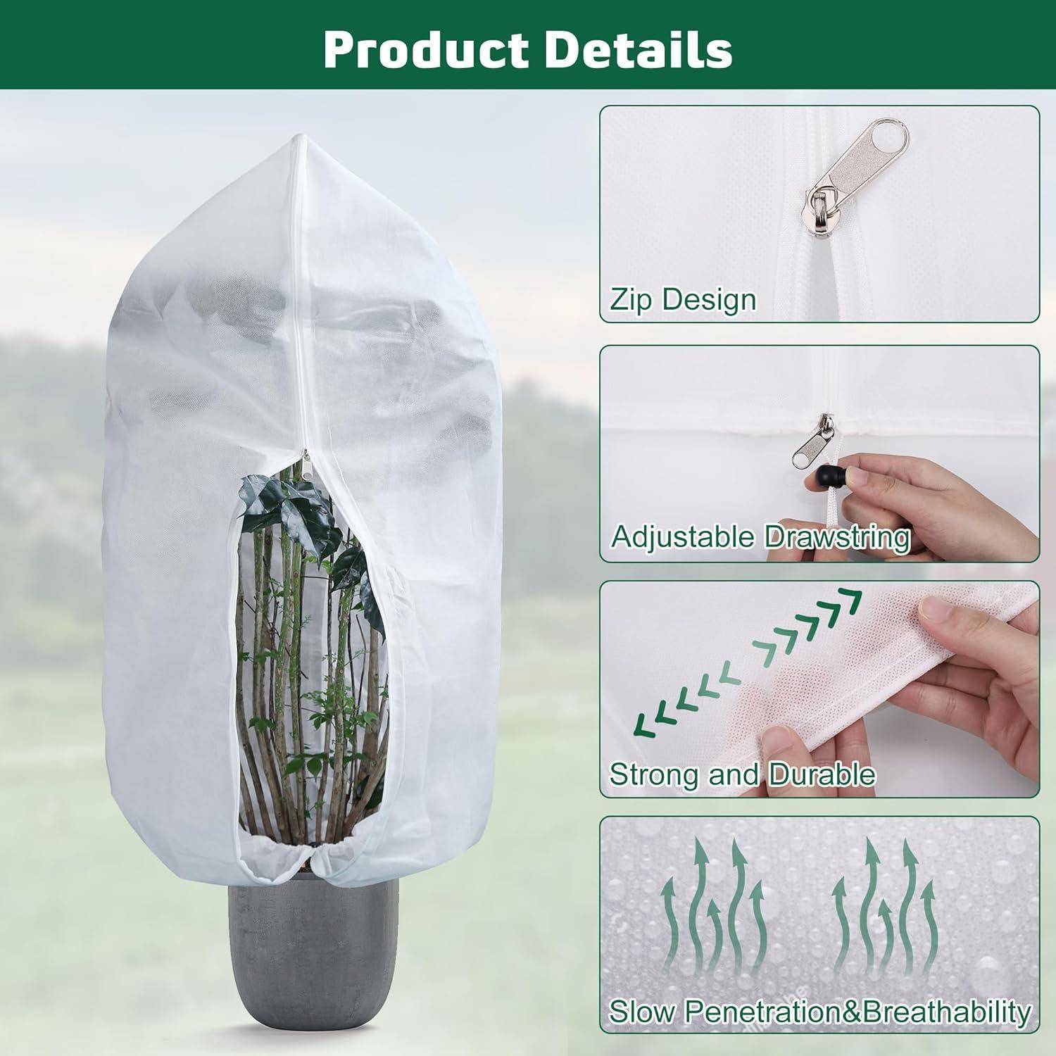 Pflanzenschutzprodukt mit Reißverschlussdesign, verstellbarer Kordelzug, hervorhebt starkes und robustes Material, gewährleistet langsame Wasserdurchdringung und Atmungsaktivität.