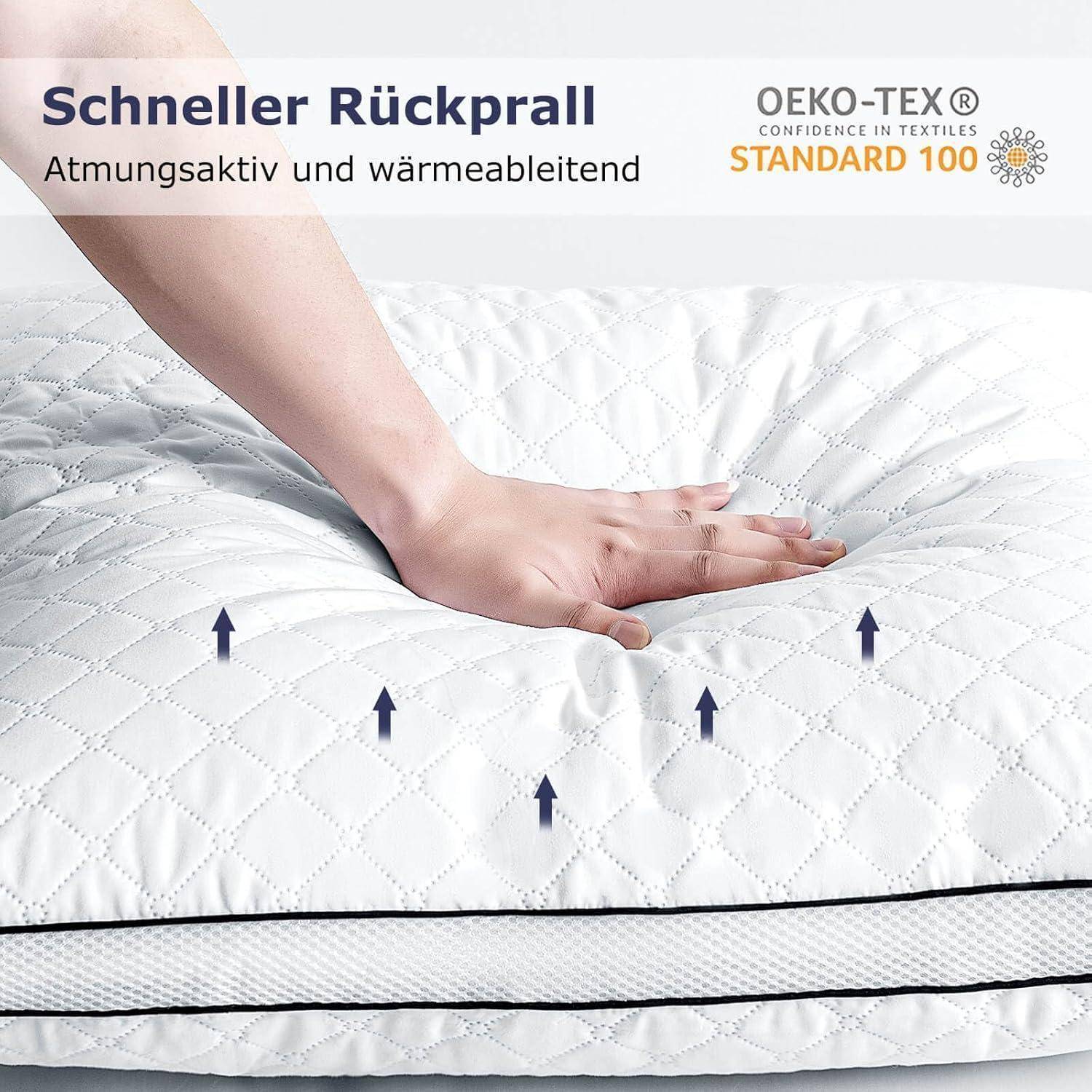 Eine Hand drückt in eine weiße Matratze mit blauen Pfeilen, die einen schnellen Rückprall anzeigen. Text liest: Schnell, Rückprall, Atmungsaktiv, Oeko-Tex.