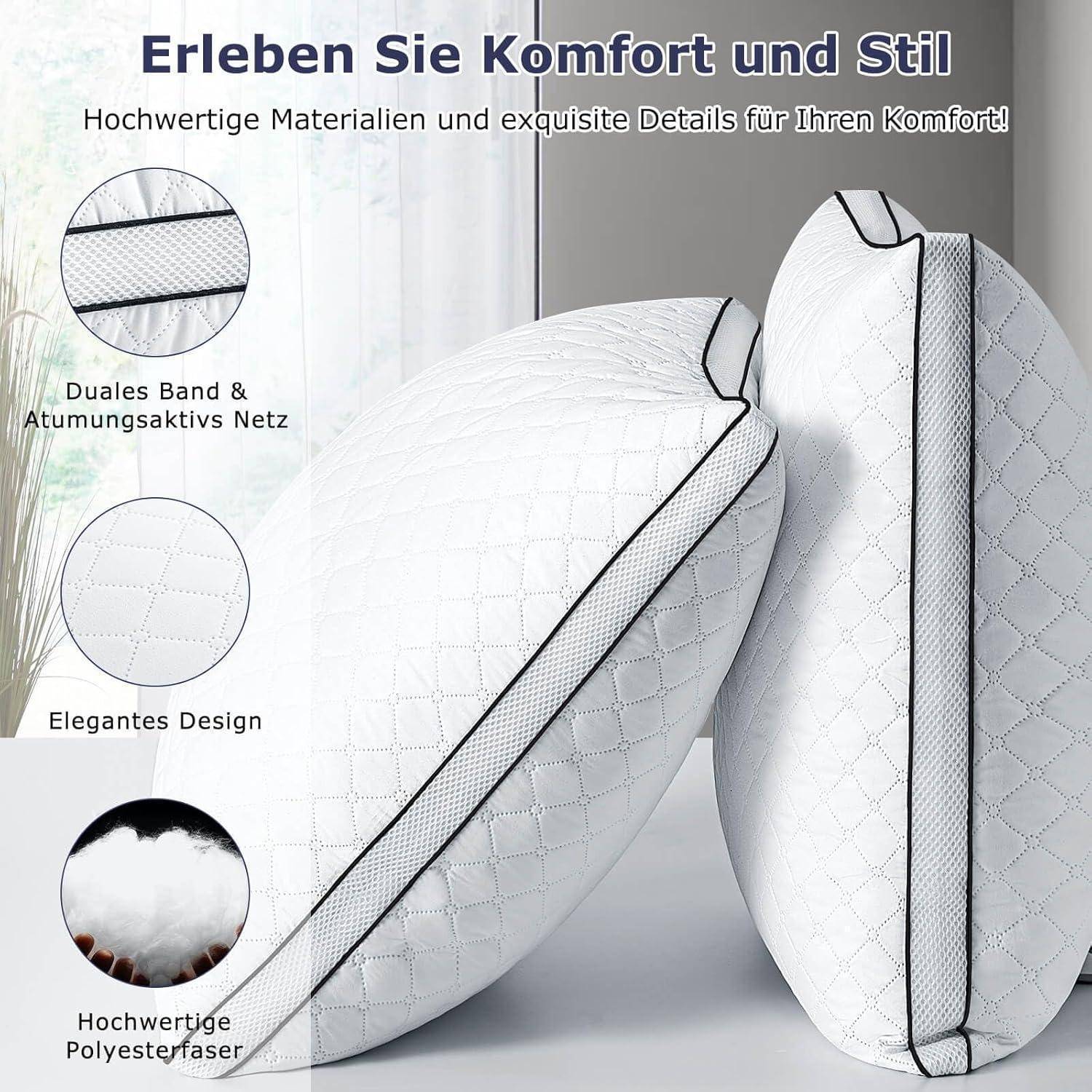 Ein Paar weiße Kissen mit Doppelband und atmungsaktivem Netzstoff, beschrieben als elegant im Design mit hochwertiger Polyesterfaser-Füllung.