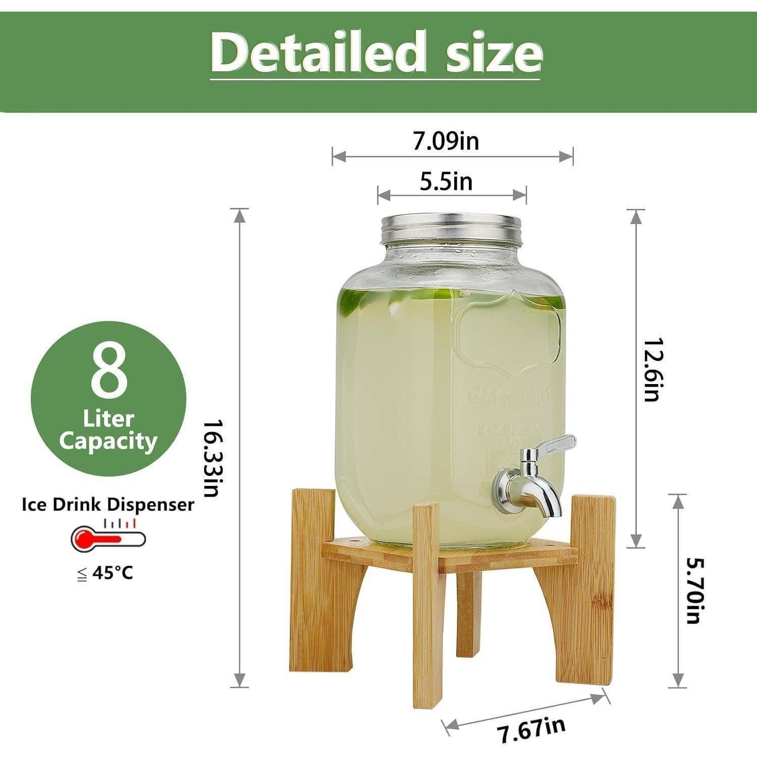 Glas-Getränkespender auf einem Holzständer. Abmessungen: 7,09 Zoll breit, 12,6 Zoll hoch. Kapazität: 8 Liter. Geeignet für Eisgetränke über 45°C.