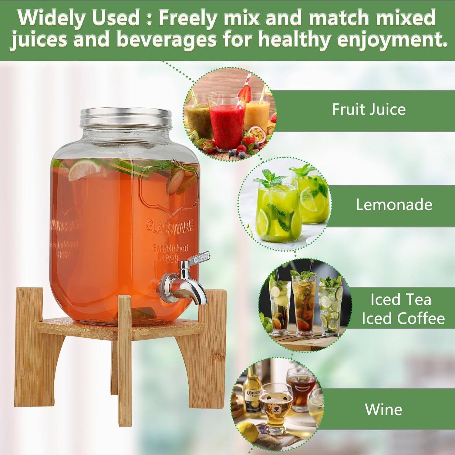 Ein Getränkespender mit der Aufschrift 'Weitverwendet: Mischen und Kombinieren Sie frei verschiedene Säfte und Getränke für gesunden Genuss' zeigt Fruchtsaft, Limonade, Eistee und Wein.