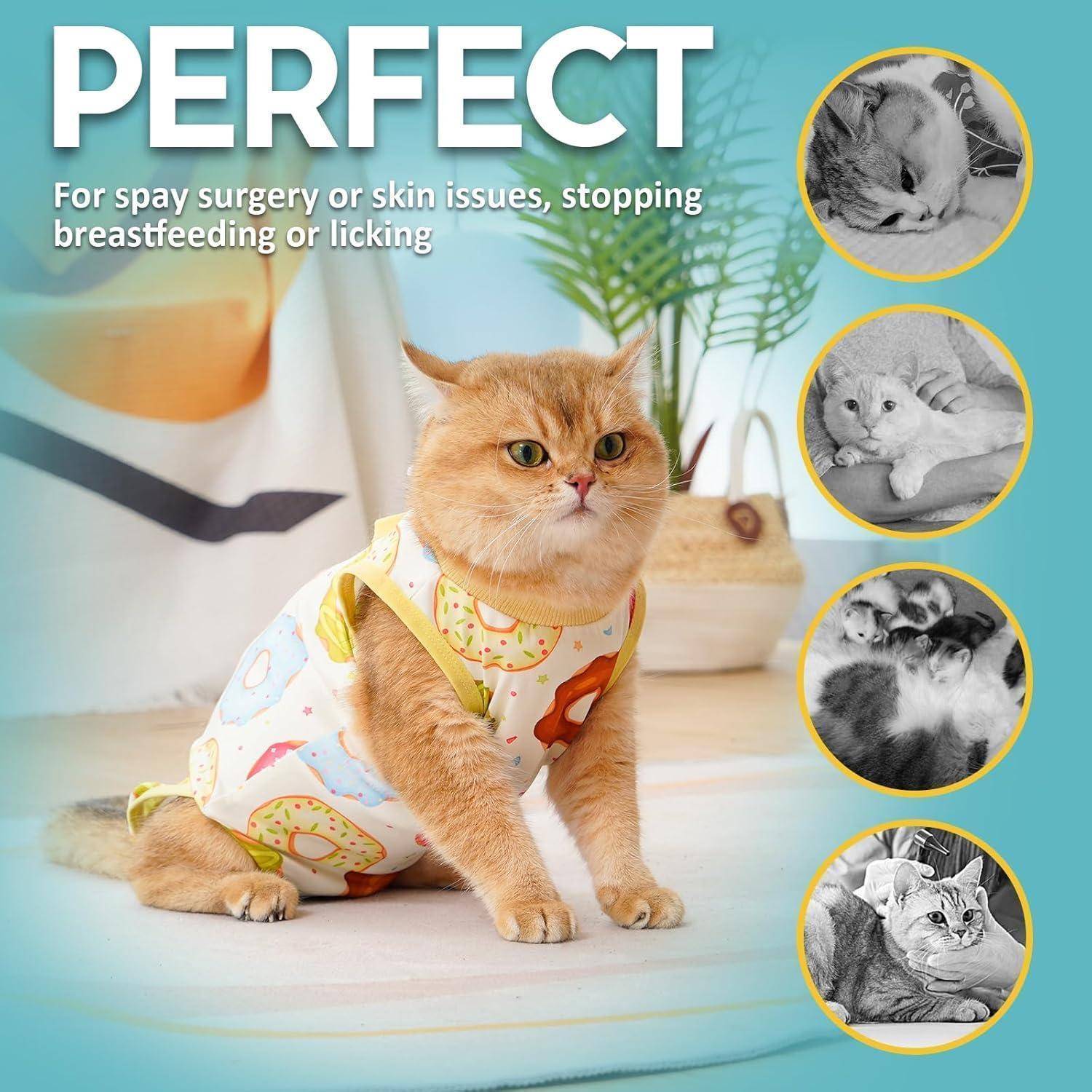Eine Katze in einem Schutzanzug sitzt auf dem Boden. Text: 'PERFEKT für Sterilisationsoperationen oder Hautkrankheiten, zum Abstillen oder um Belecken zu verhindern.