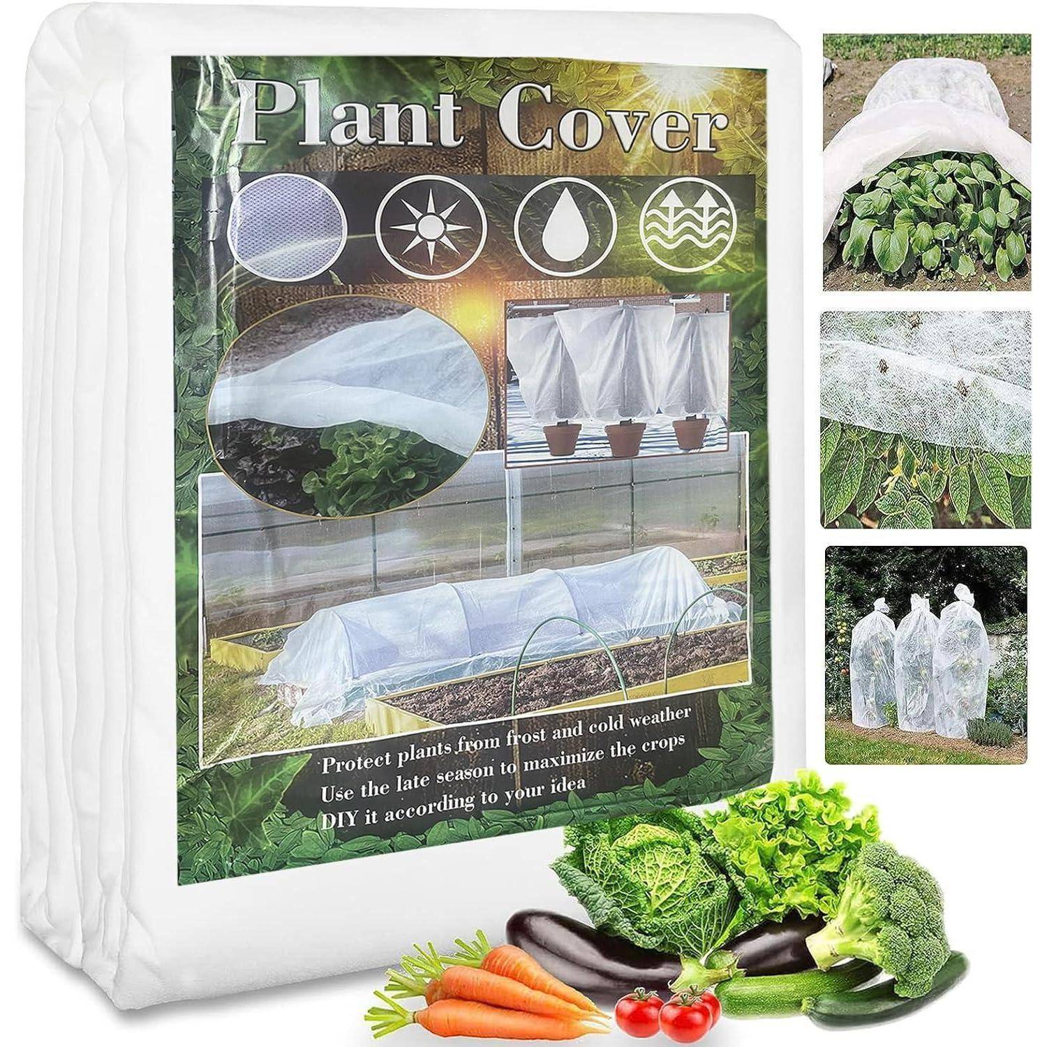 Verpackung für 'Pflanzenschutz' mit Darstellung von Schutznetzen über Beeten und Pflanzen, inklusive Illustrationen von Frost, Sonne, Wasser und Schutzschild-Symbolen.