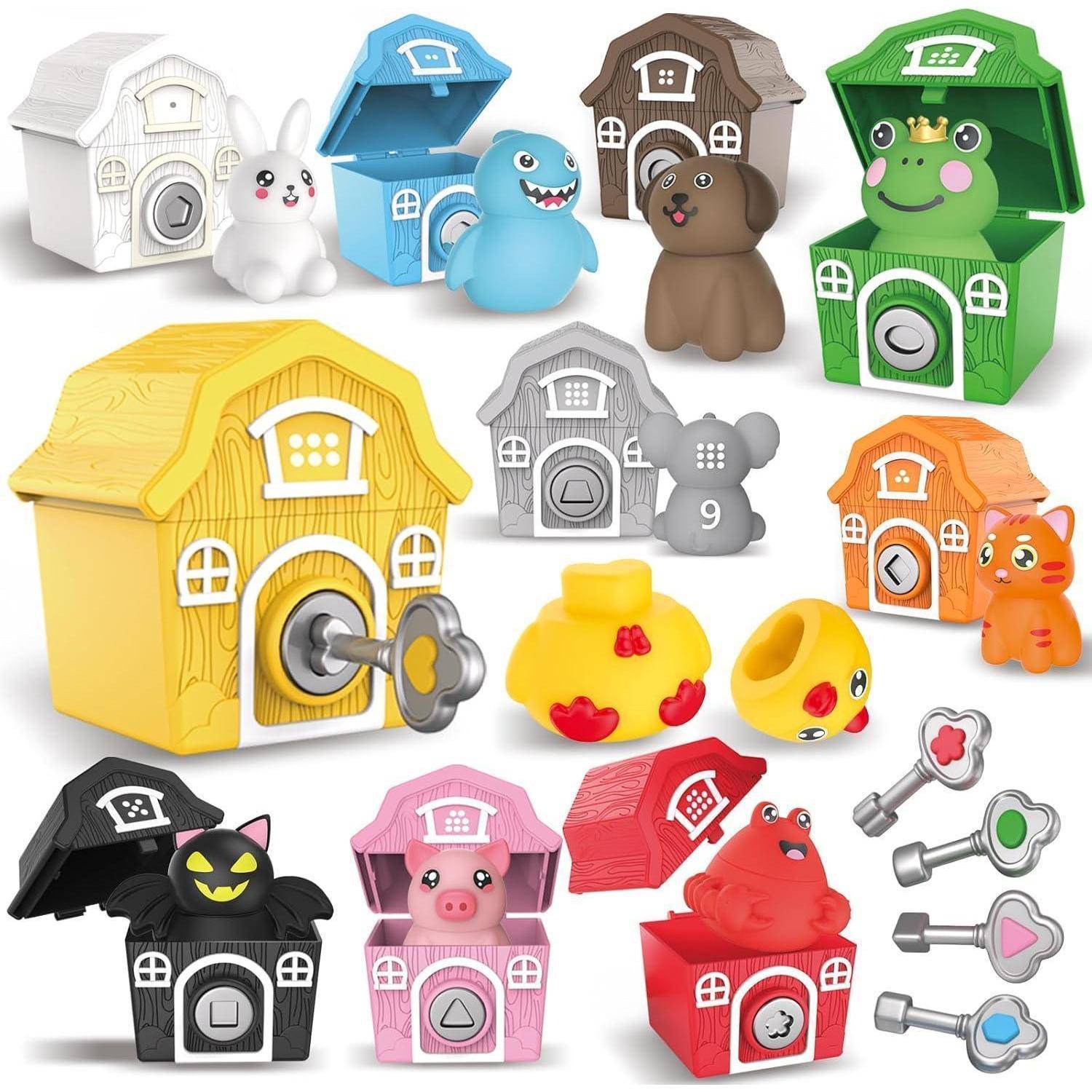Spielset mit bunten tierischen Schließkästen und Schlüsseln. Enthält Häuser, die Tieren wie einem Frosch, einem Hasen und einem Bären nachempfunden sind.