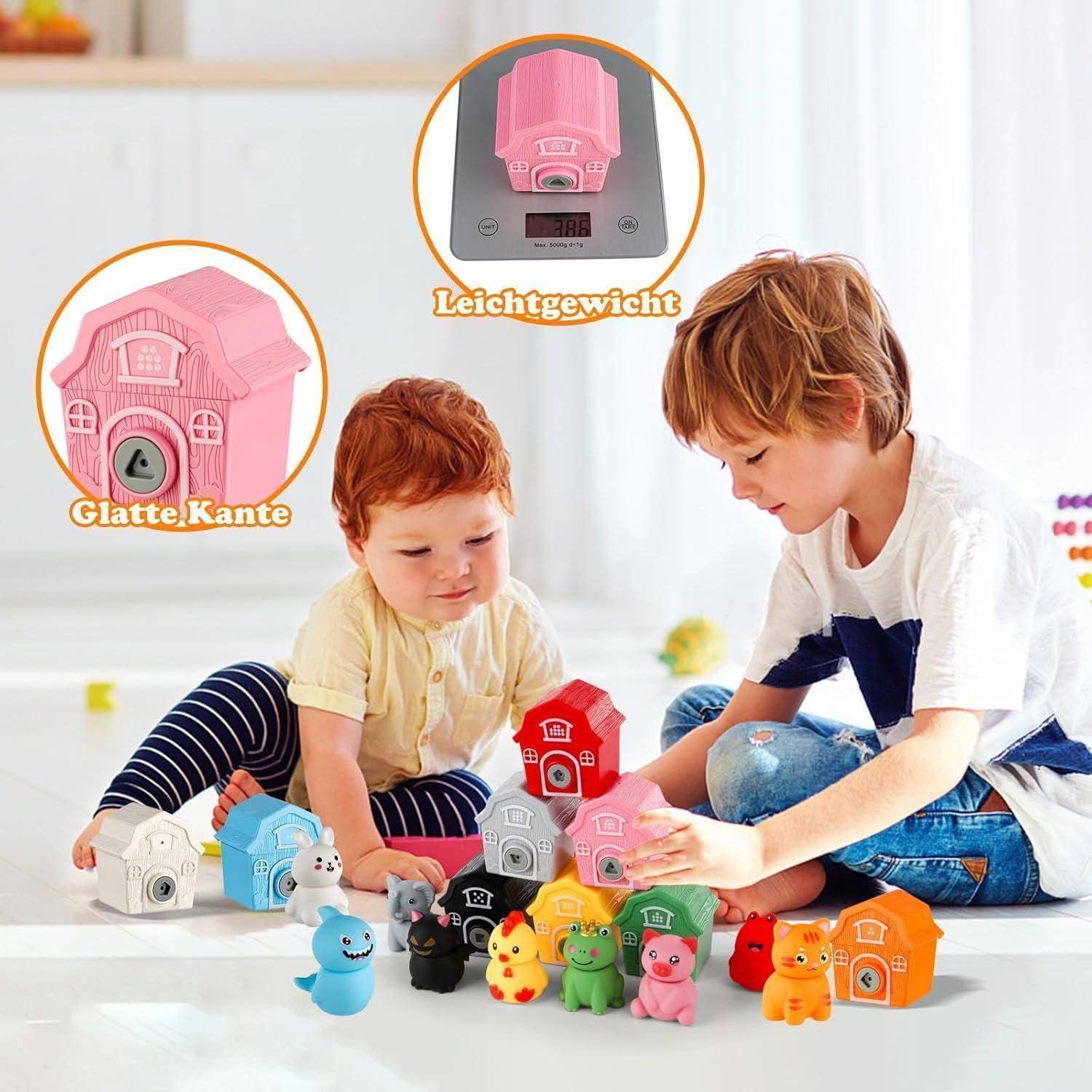 Zwei Kinder spielen mit bunten Spardosen in Form von Häusern und Tieren. Text lautet 