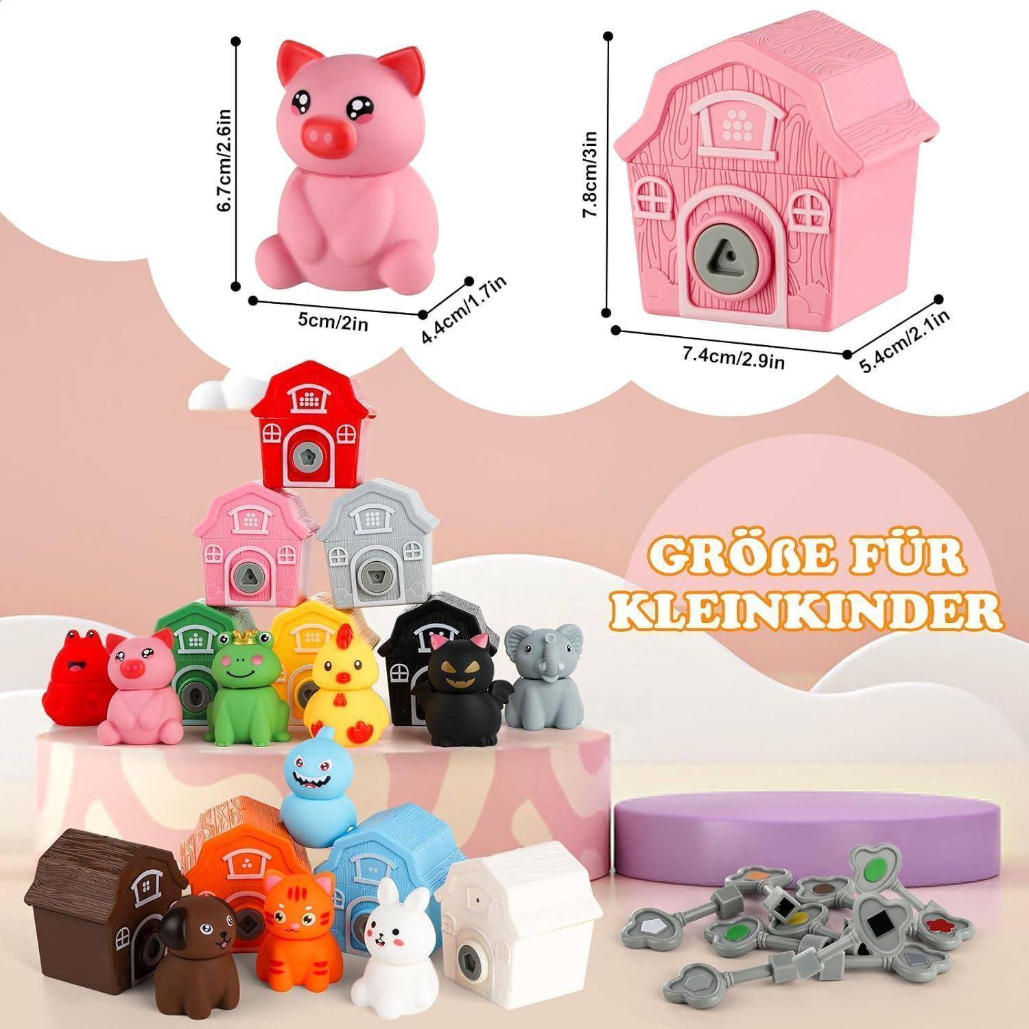 Spielset mit Tierfiguren und hausförmigen Boxen. Enthält Schwein, Dinosaurier, Hase und Elefant. Text lautet 'Größe Für Kleinkinder.