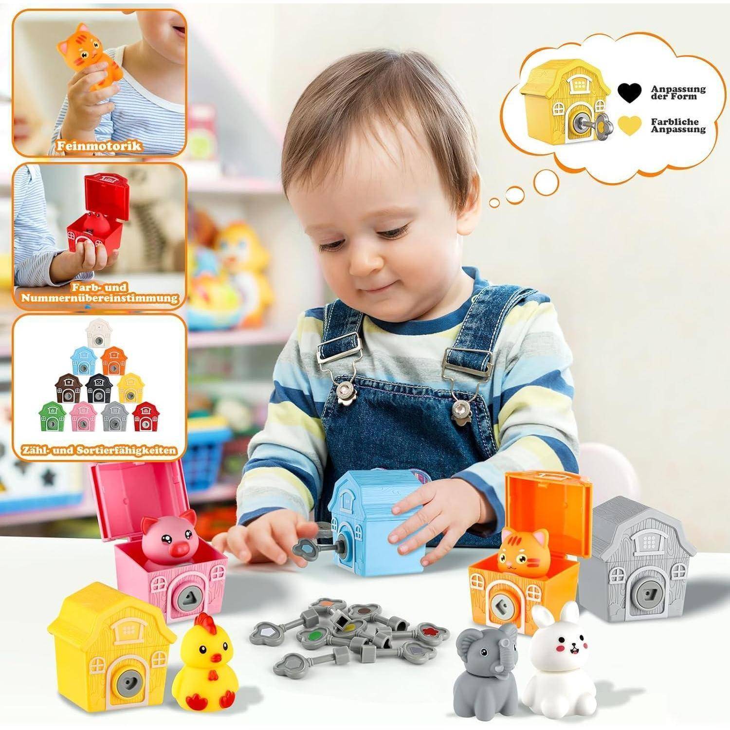 Ein Kind spielt mit bunten Spielhäusern und Tierfiguren und übt dabei seine motorischen Fähigkeiten und Farbzuordnung. Die Darstellung zeigt die Interaktion beim Spielen.