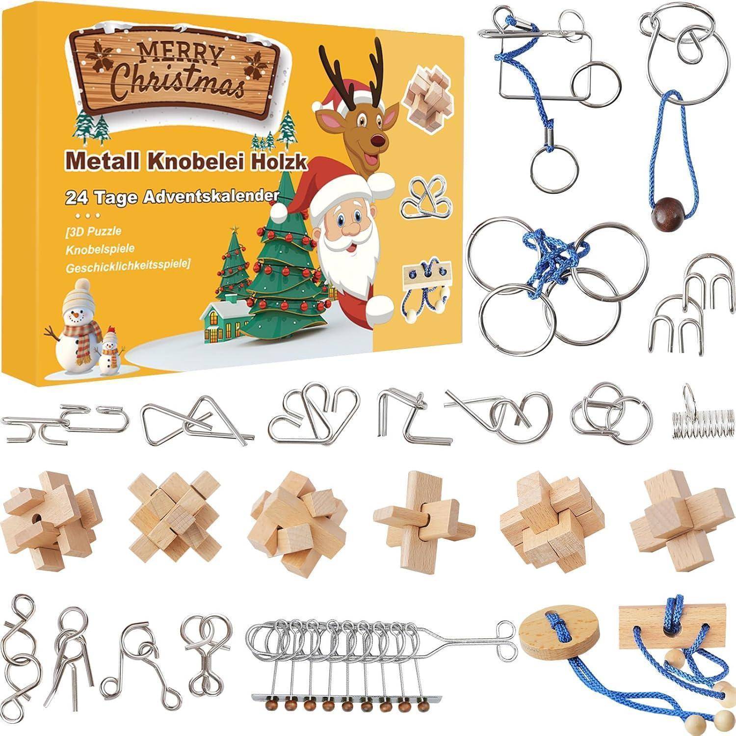 Eine Schachtel mit der Aufschrift 'Frohe Weihnachten' zeigt ein Weihnachtsmann-Bild und enthält einen '24 Tage Adventskalender' mit verschiedenen Metall- und Holzpuzzles, die ausgestellt sind.
