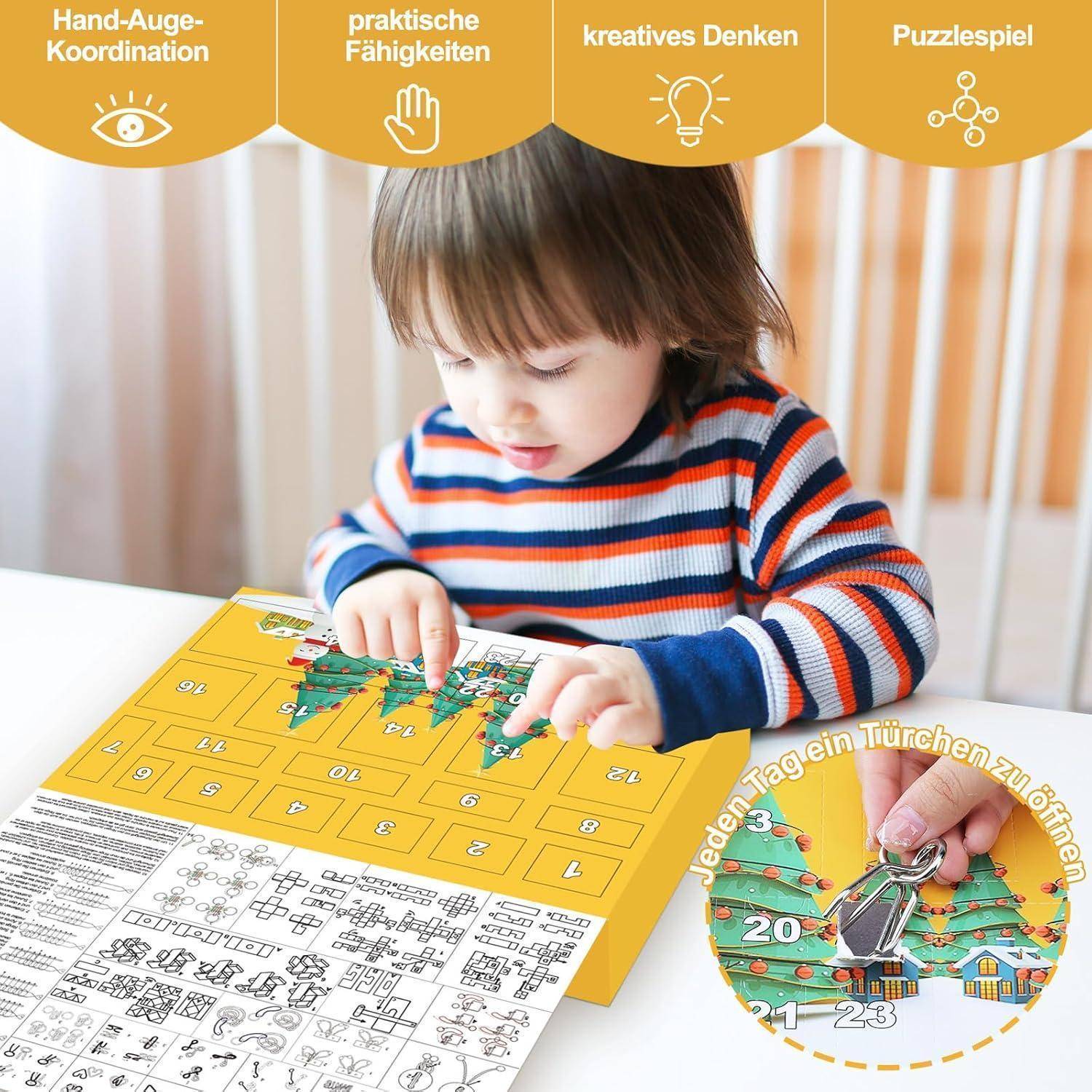 Ein Kind in einem gestreiften Shirt interagiert mit einem Adventskalender. Der Hintergrund hebt Fähigkeiten hervor: ‚Hand-Augen-Koordination', ‚Praktische Fähigkeiten', ‚Kreatives Denken' und ‚Rätsel lösen'.