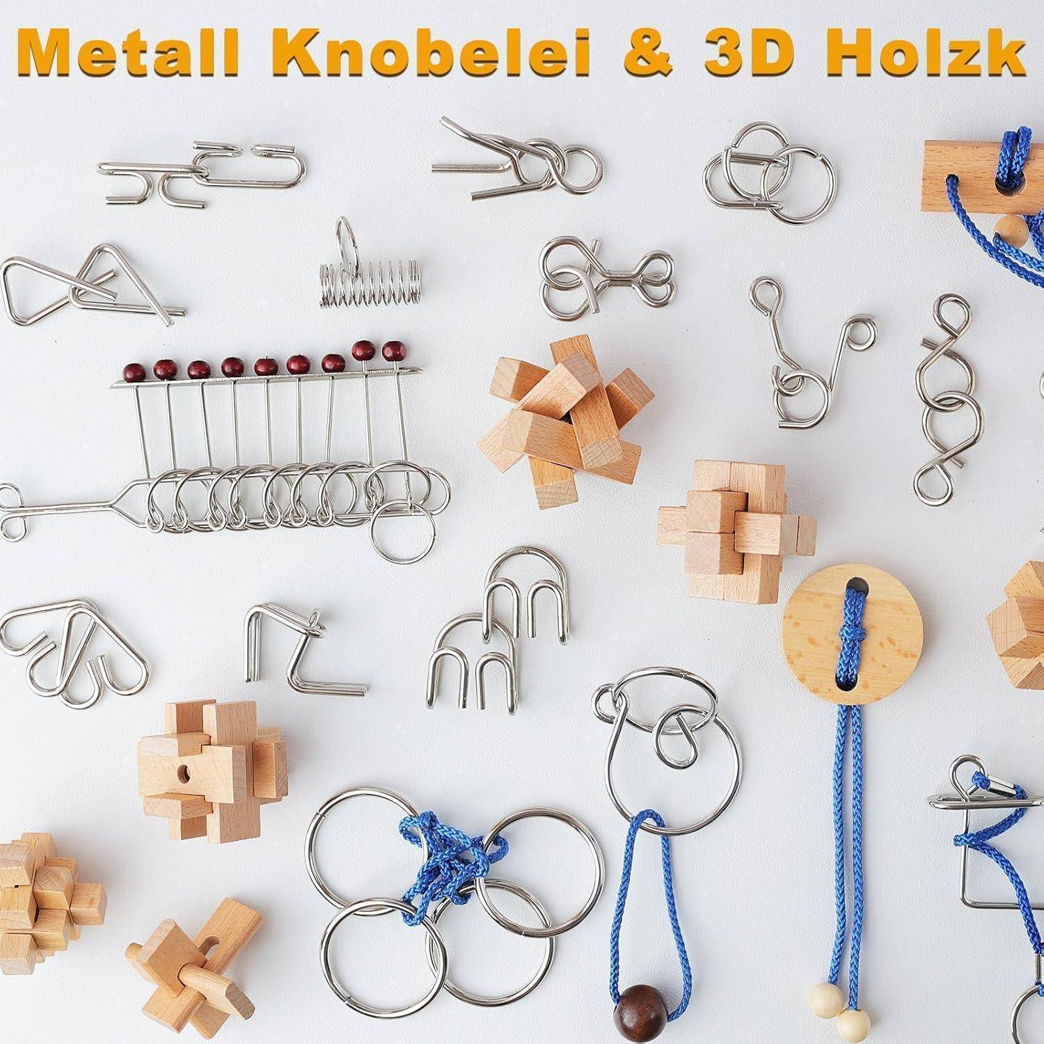 Verschiedene Metall- und Holz-Knobelspiele, die auf einem weißen Hintergrund angeordnet sind, einige mit Seilen und andere mit miteinander verbundenen Formen.
