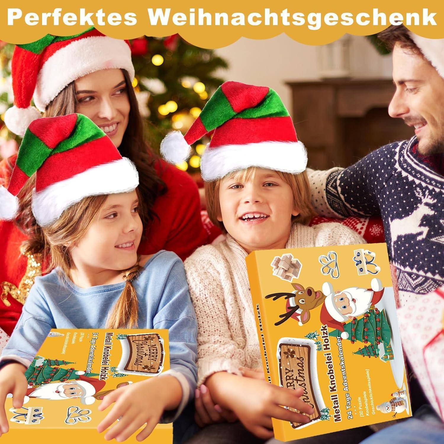 Eine vierköpfige Familie mit Weihnachtsmützen tauscht Geschenke neben einem Weihnachtsbaum aus. Der Text lautet oben 