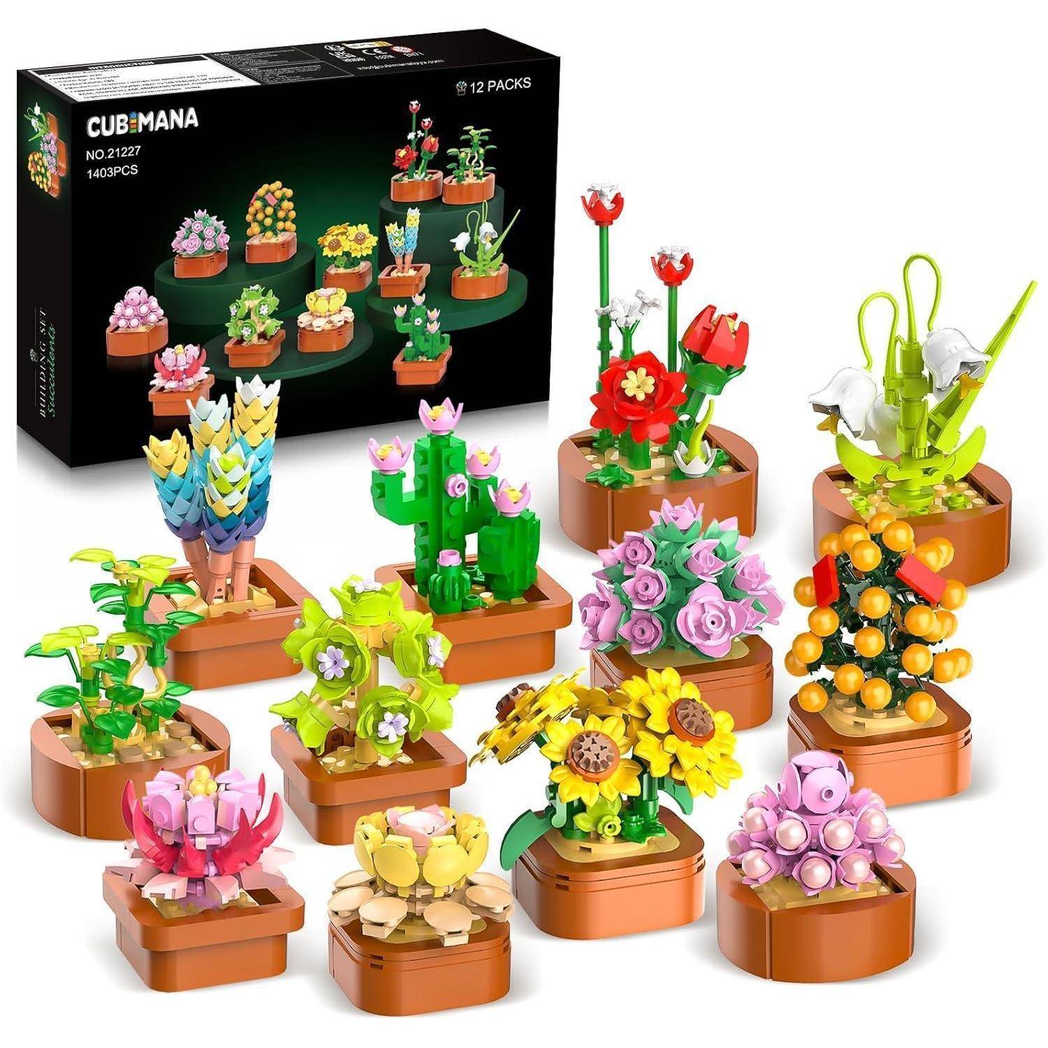 Eine Reihe von Mini-Baustein-Blumenmodellen in leuchtenden Farben, jedes mit einem einzigartigen Design, vor einer Verpackungsbox platziert.