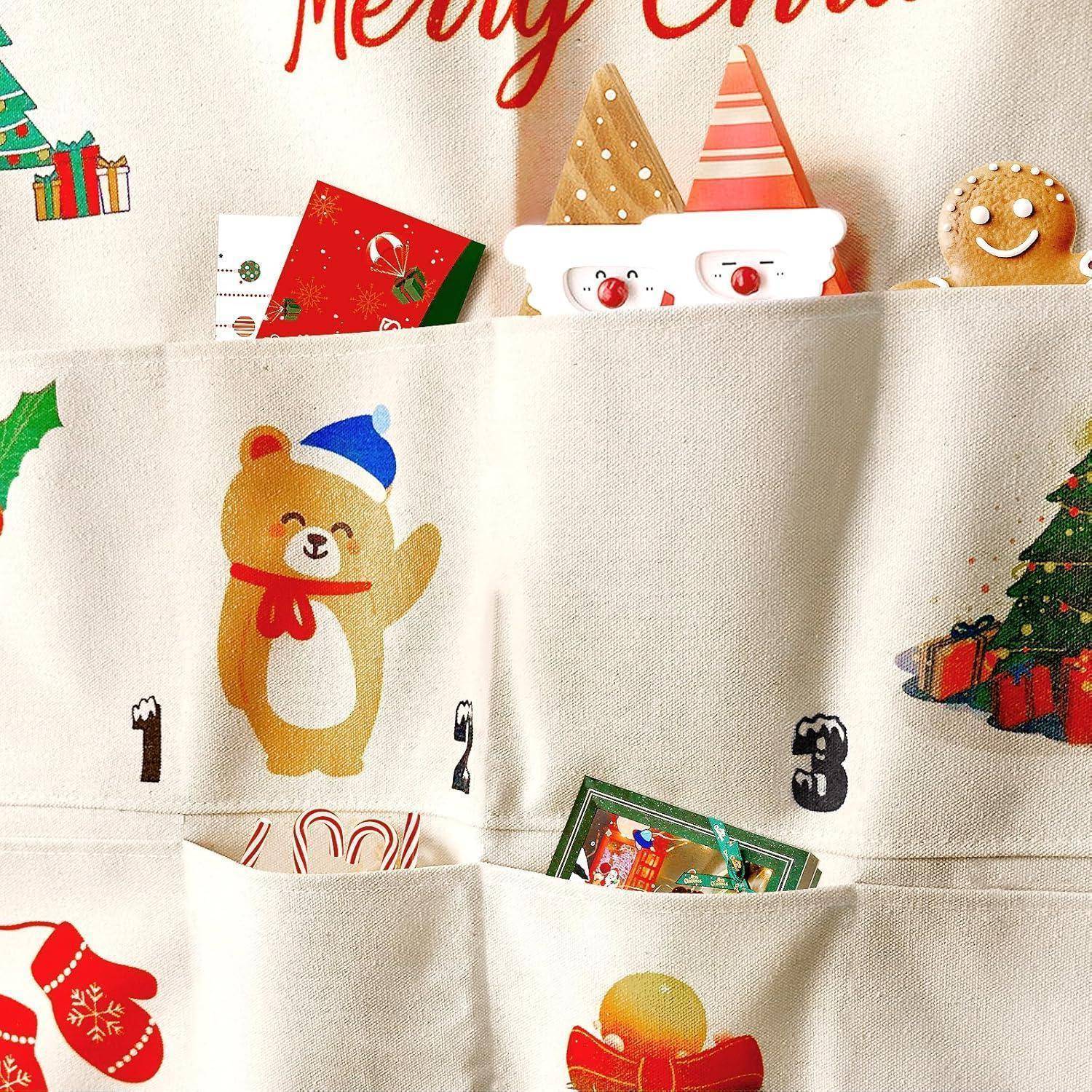 Adventskalender mit weihnachtlichen Motiven, einschließlich eines Bären mit Schal, den Zahlen 1 bis 3, Geschenken und festlichen Dekorationen.