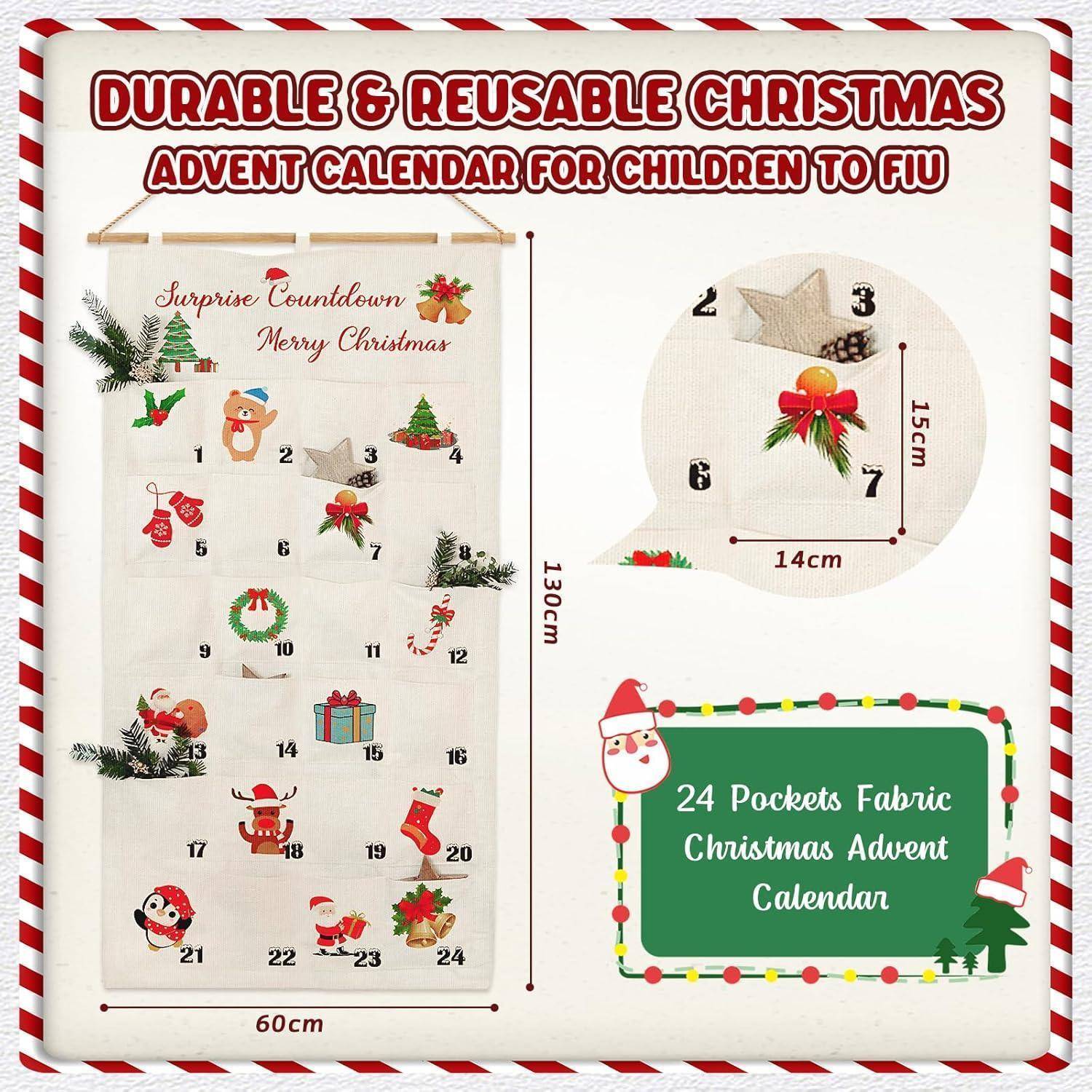 Langlebiger & wiederverwendbarer Weihnachts-Adventskalender für Kinder zum Befüllen mit Taschen, die weihnachtliche Illustrationen und Abmessungen zeigen